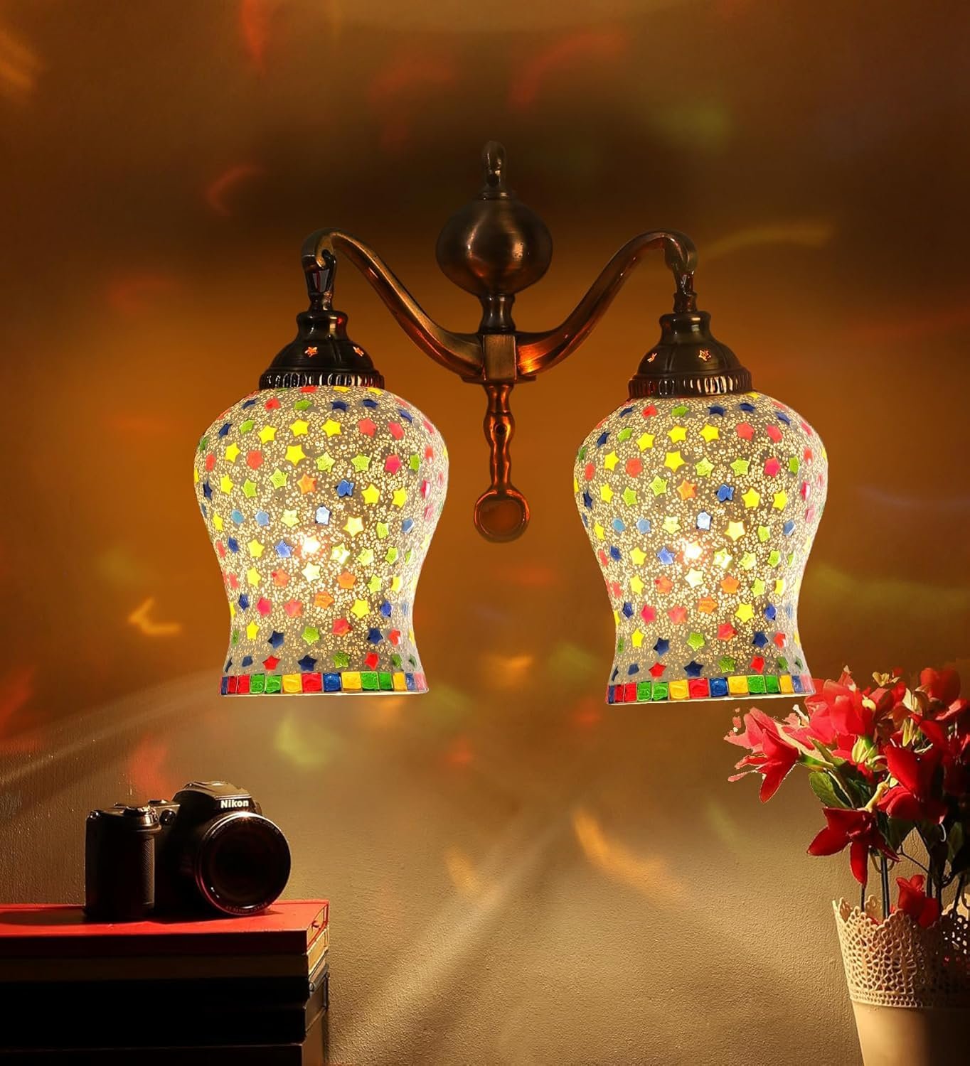 Dual Golden Antique Wall lamp with Mosaic Glass Wall d�cor Wall Hanging Light Vintage Wall Lamps Decorative lamp Traditional Wall lamp-R