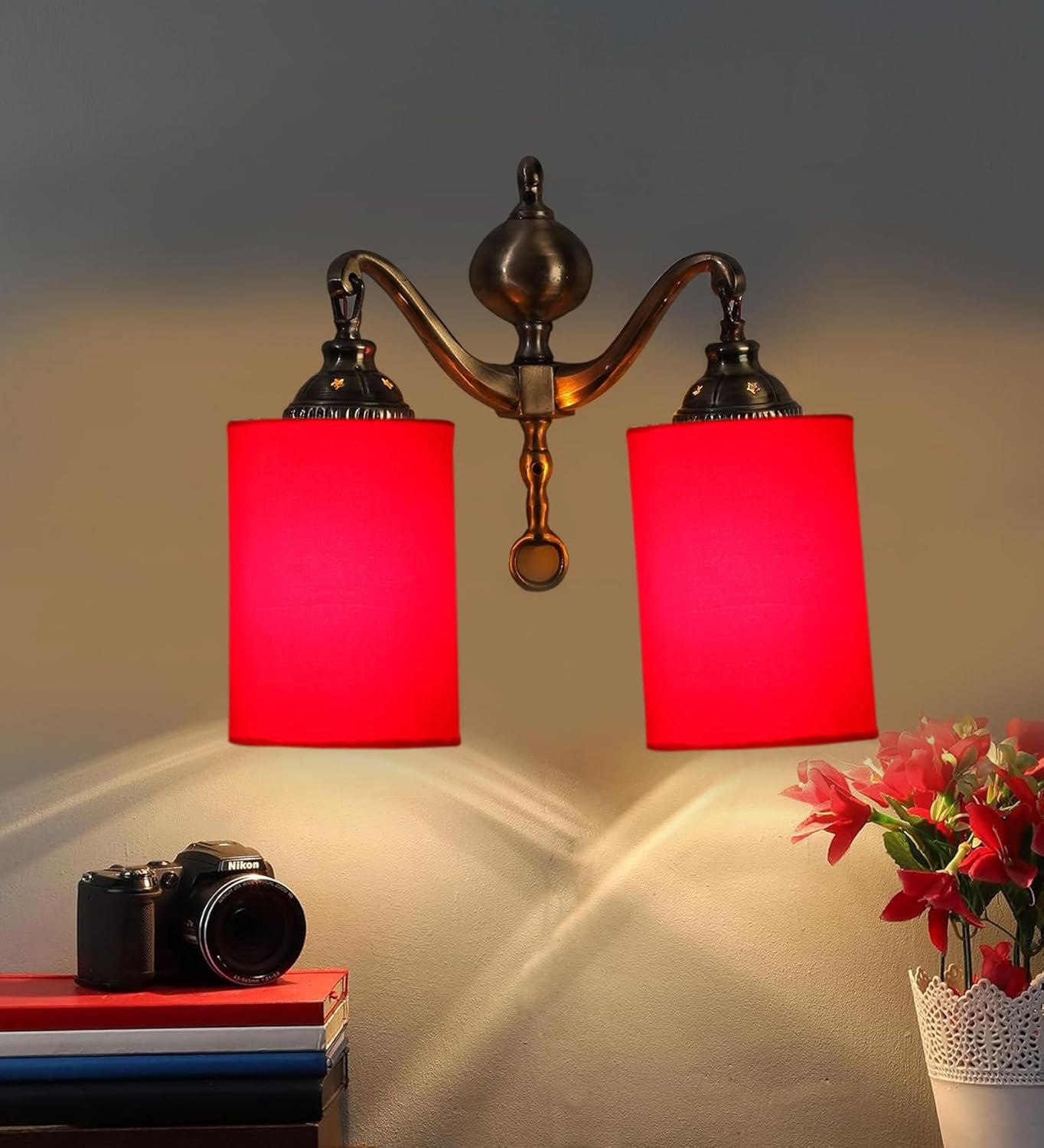 Dual Golden Antique Red Cotton Shade Wall d�cor Wall Hanging Light Vintage Wall Lamps Decorative lamp Traditional Wall lamp