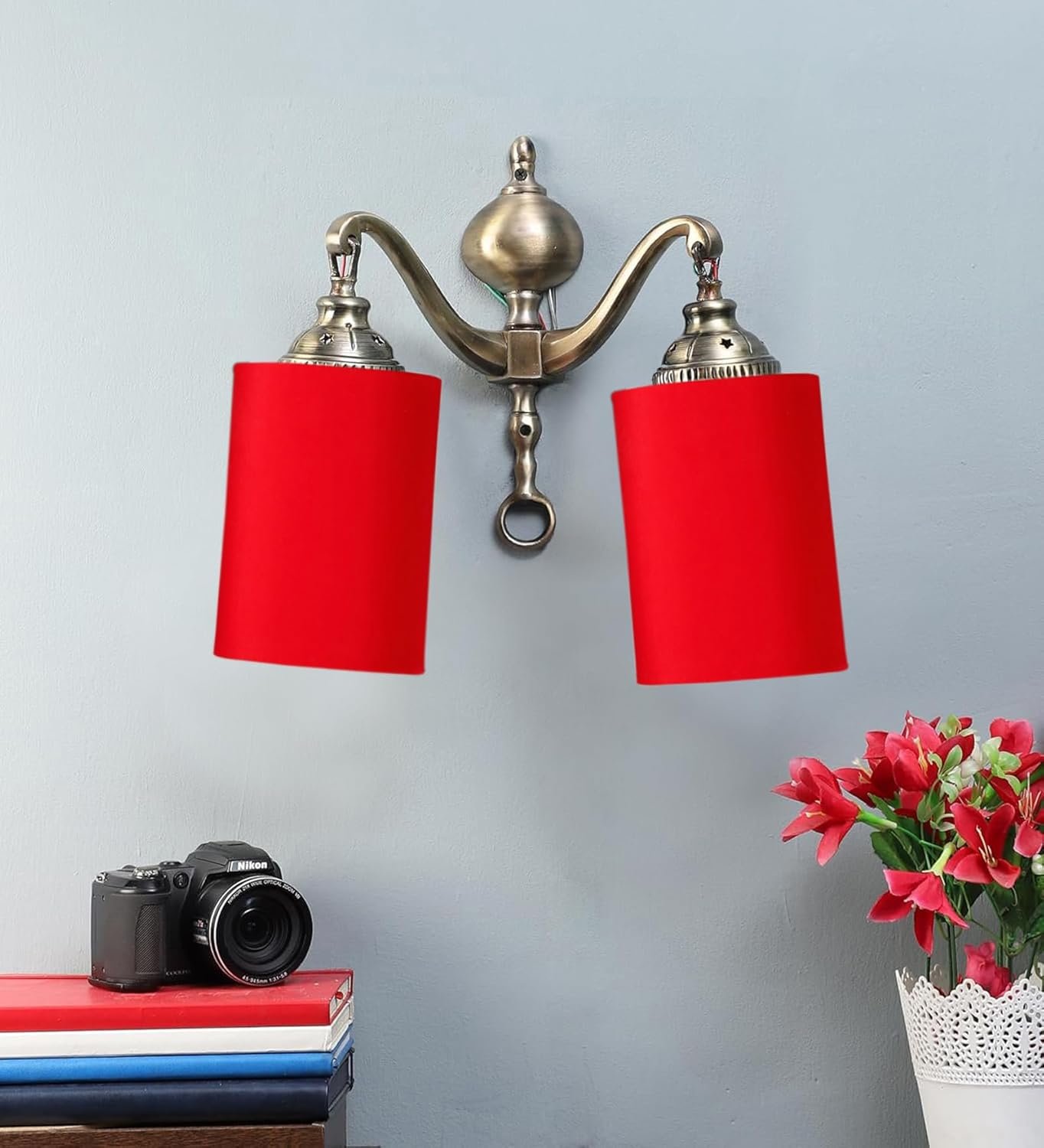 Dual Golden Antique Red Cotton Shade Wall d�cor Wall Hanging Light Vintage Wall Lamps Decorative lamp Traditional Wall lamp
