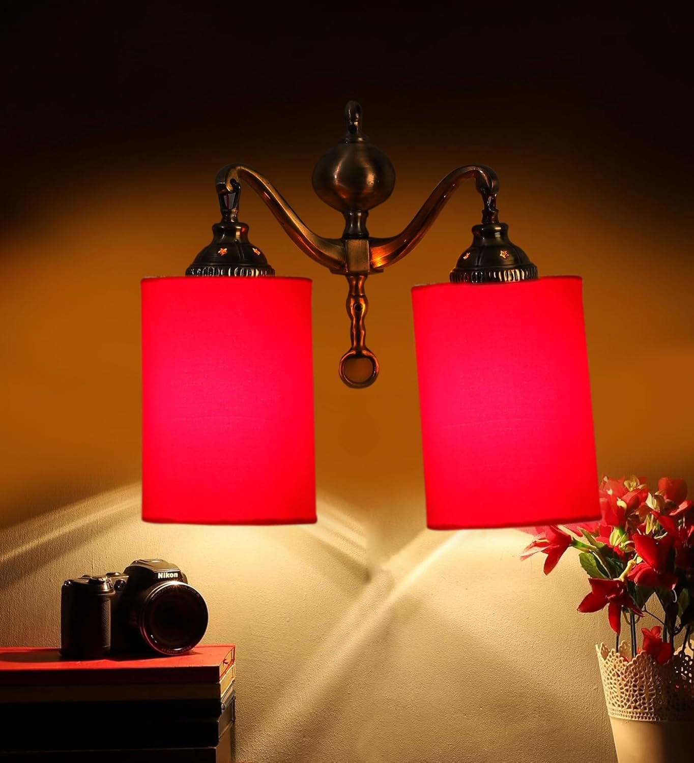 Dual Golden Antique Red Cotton Shade Wall d�cor Wall Hanging Light Vintage Wall Lamps Decorative lamp Traditional Wall lamp