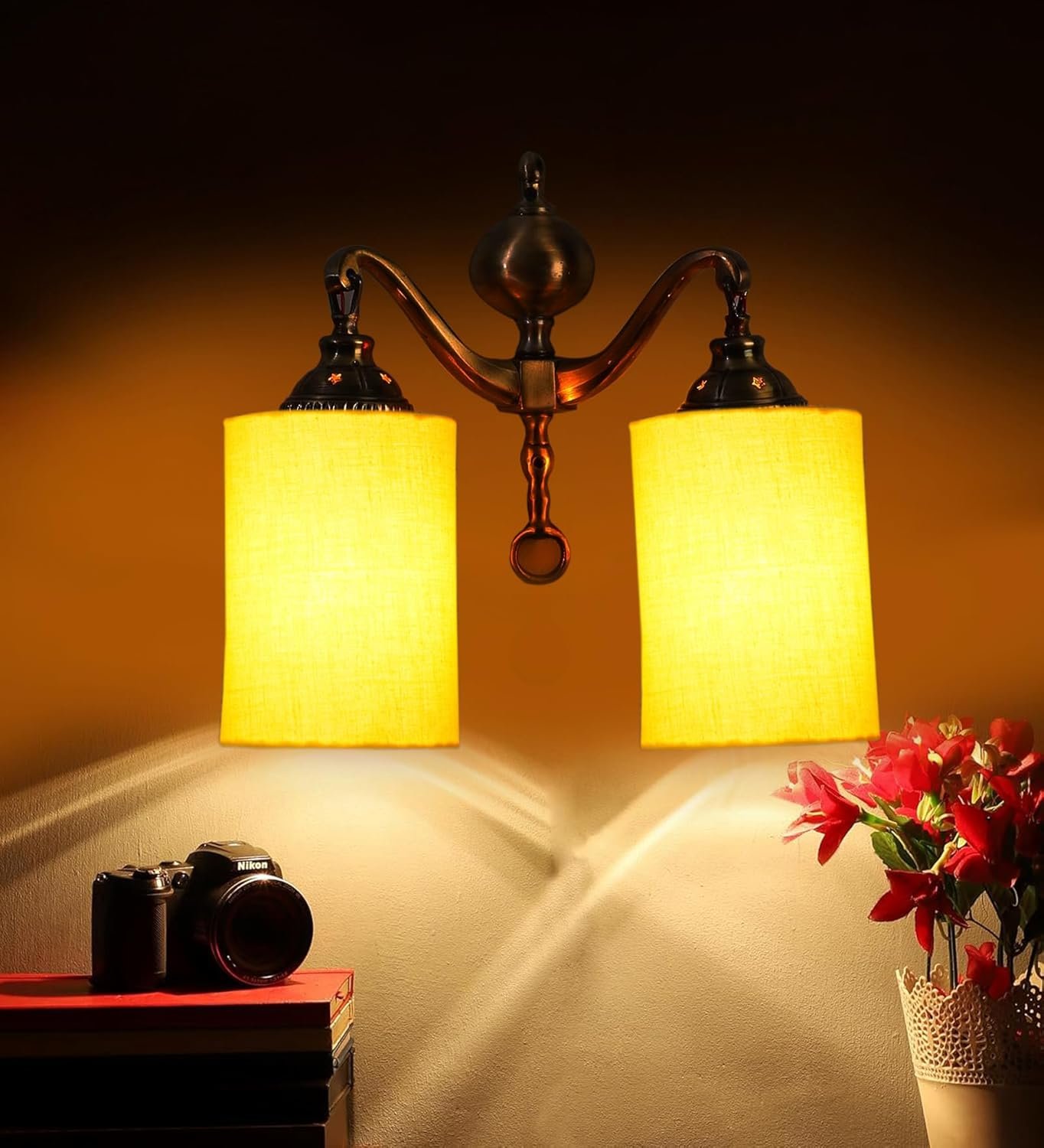Dual Golden Antique Yellow Cotton Shade Wall d�cor Wall Hanging Light Vintage Wall Lamps Decorative lamp Traditional Wall lamp