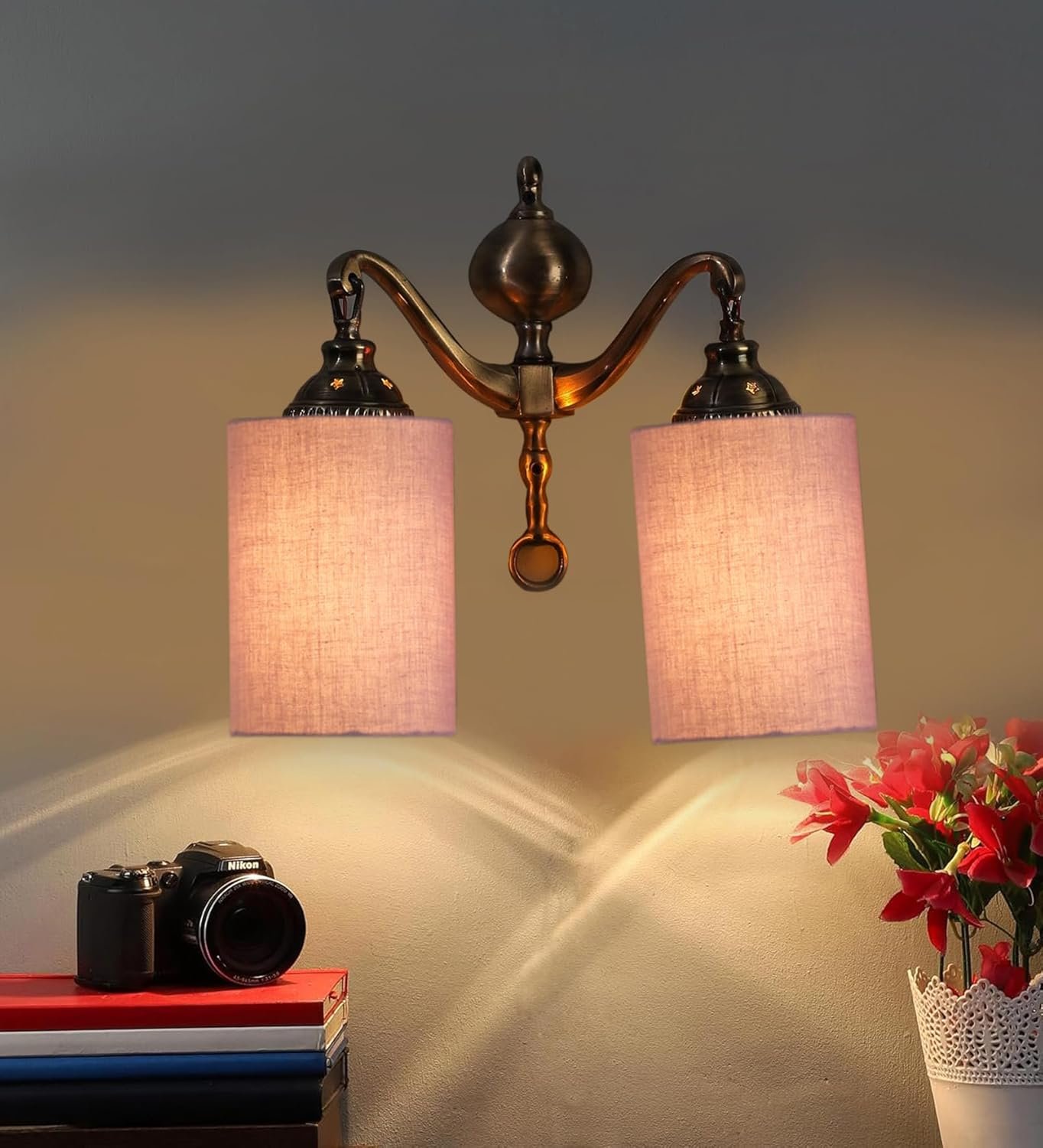 Dual Golden Antique Grey Cotton Shade Wall d�cor Wall Hanging Light Vintage Wall Lamps Decorative lamp Traditional Wall lamp