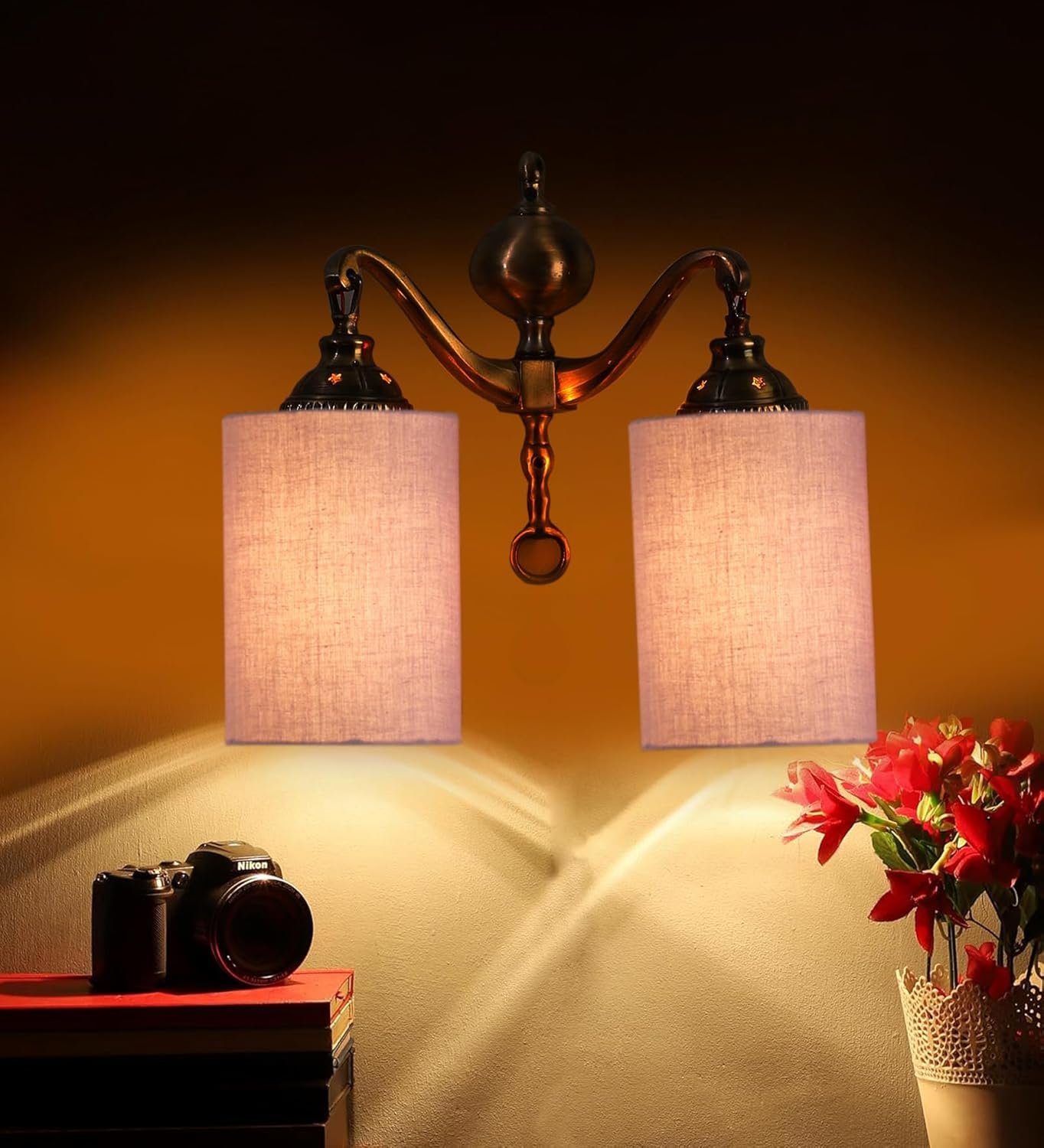 Dual Golden Antique Grey Cotton Shade Wall d�cor Wall Hanging Light Vintage Wall Lamps Decorative lamp Traditional Wall lamp