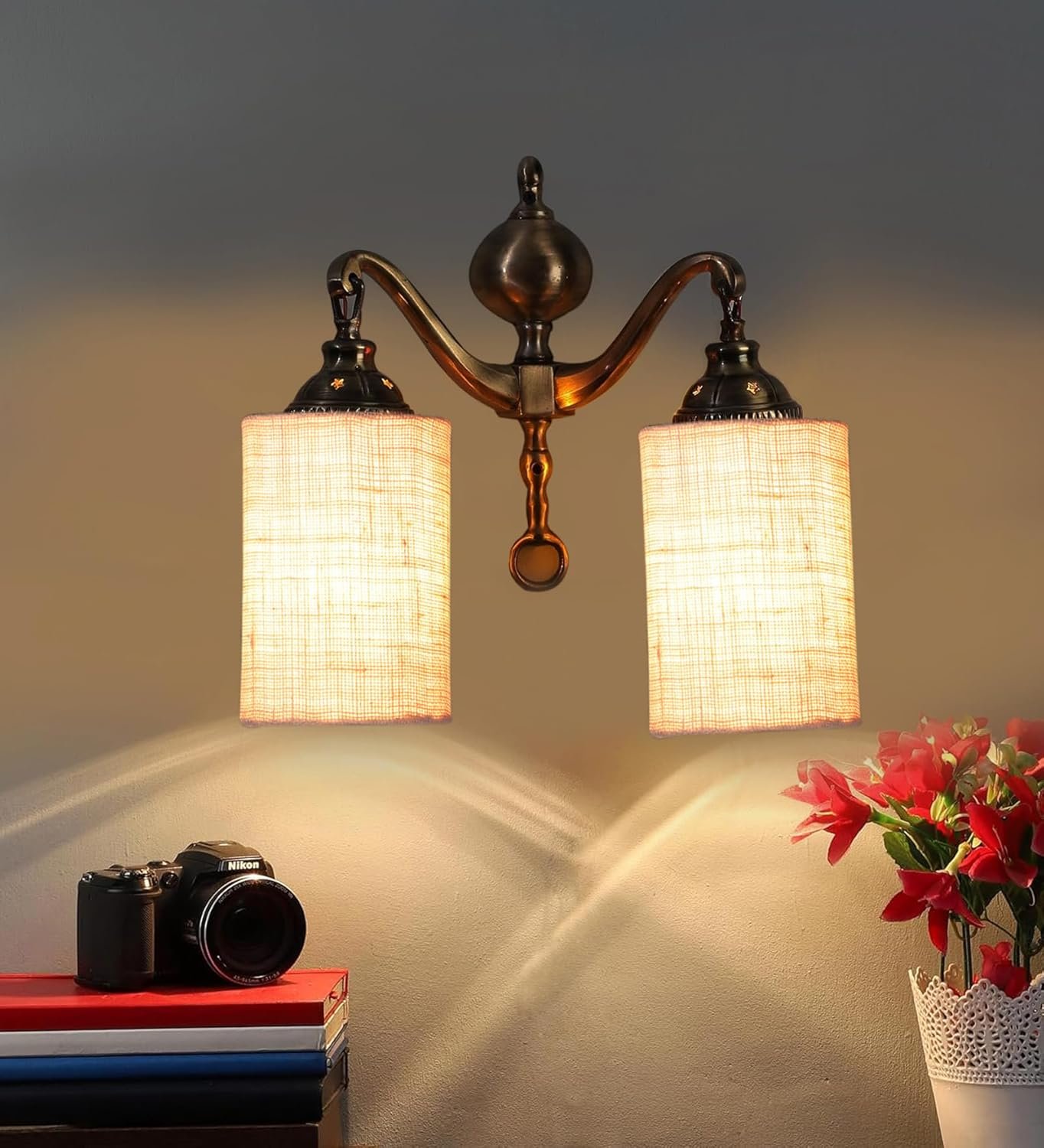 Dual Golden Antique White Jute Shade Wall d�cor Wall Hanging Light Vintage Wall Lamps Decorative lamp Traditional Wall lamp