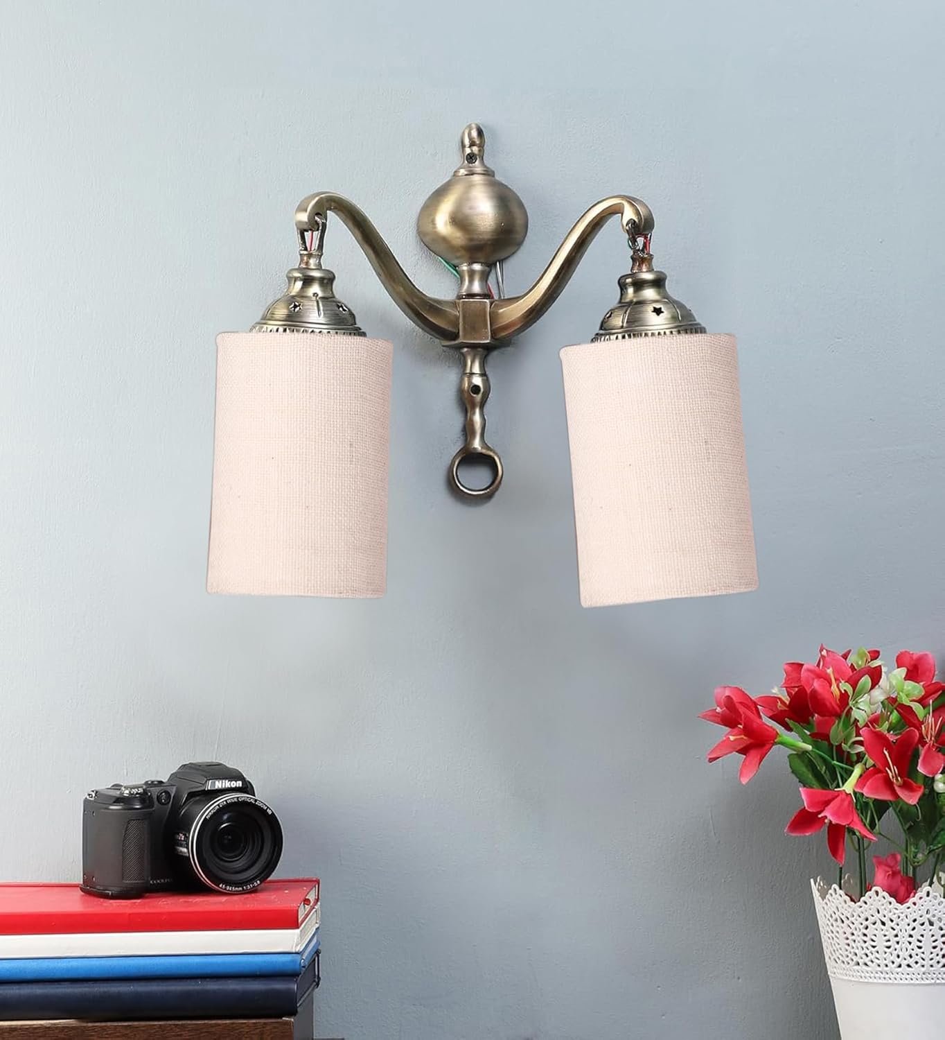 Dual Golden Antique White Jute Shade Wall d�cor Wall Hanging Light Vintage Wall Lamps Decorative lamp Traditional Wall lamp
