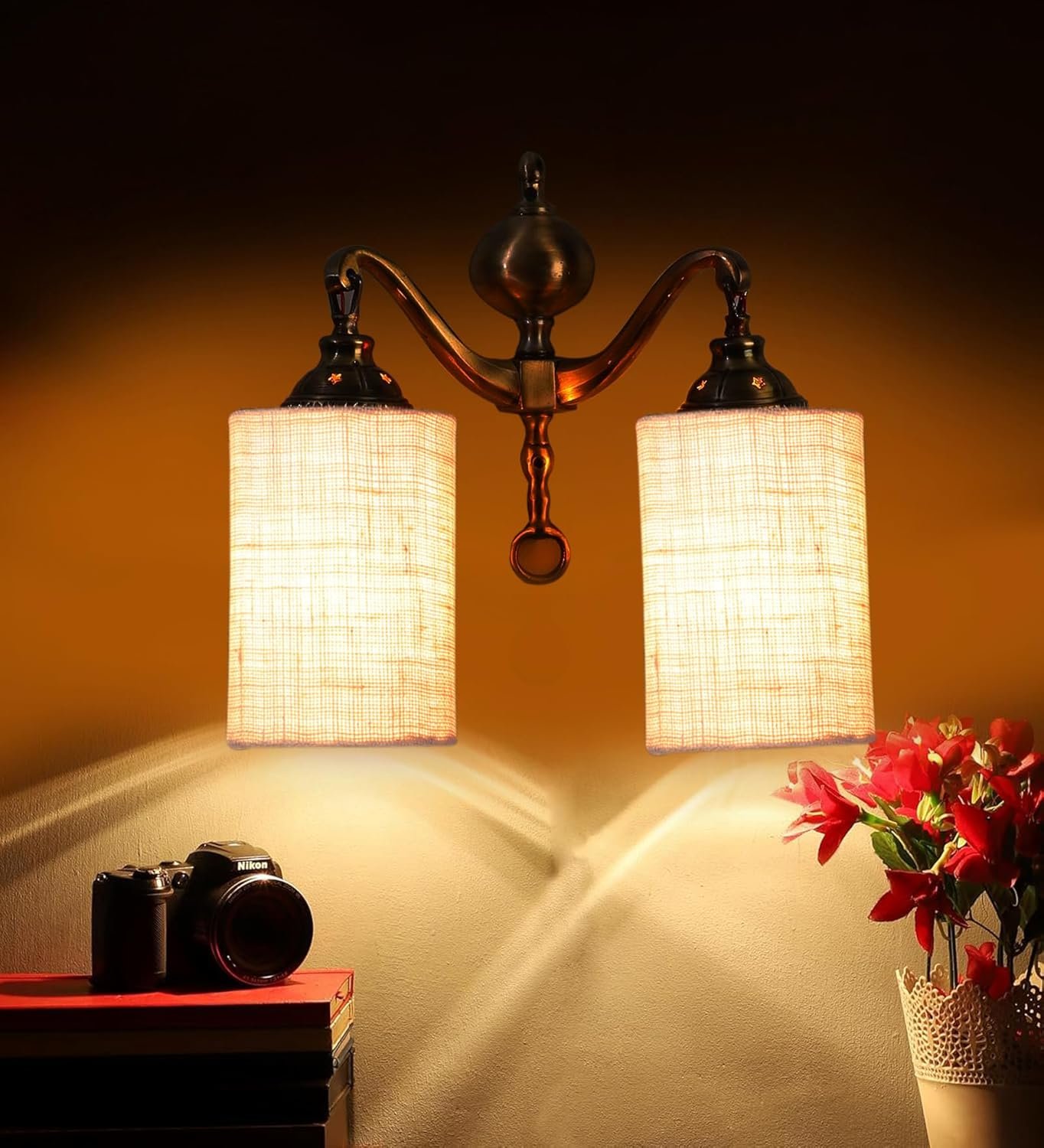 Dual Golden Antique White Jute Shade Wall d�cor Wall Hanging Light Vintage Wall Lamps Decorative lamp Traditional Wall lamp
