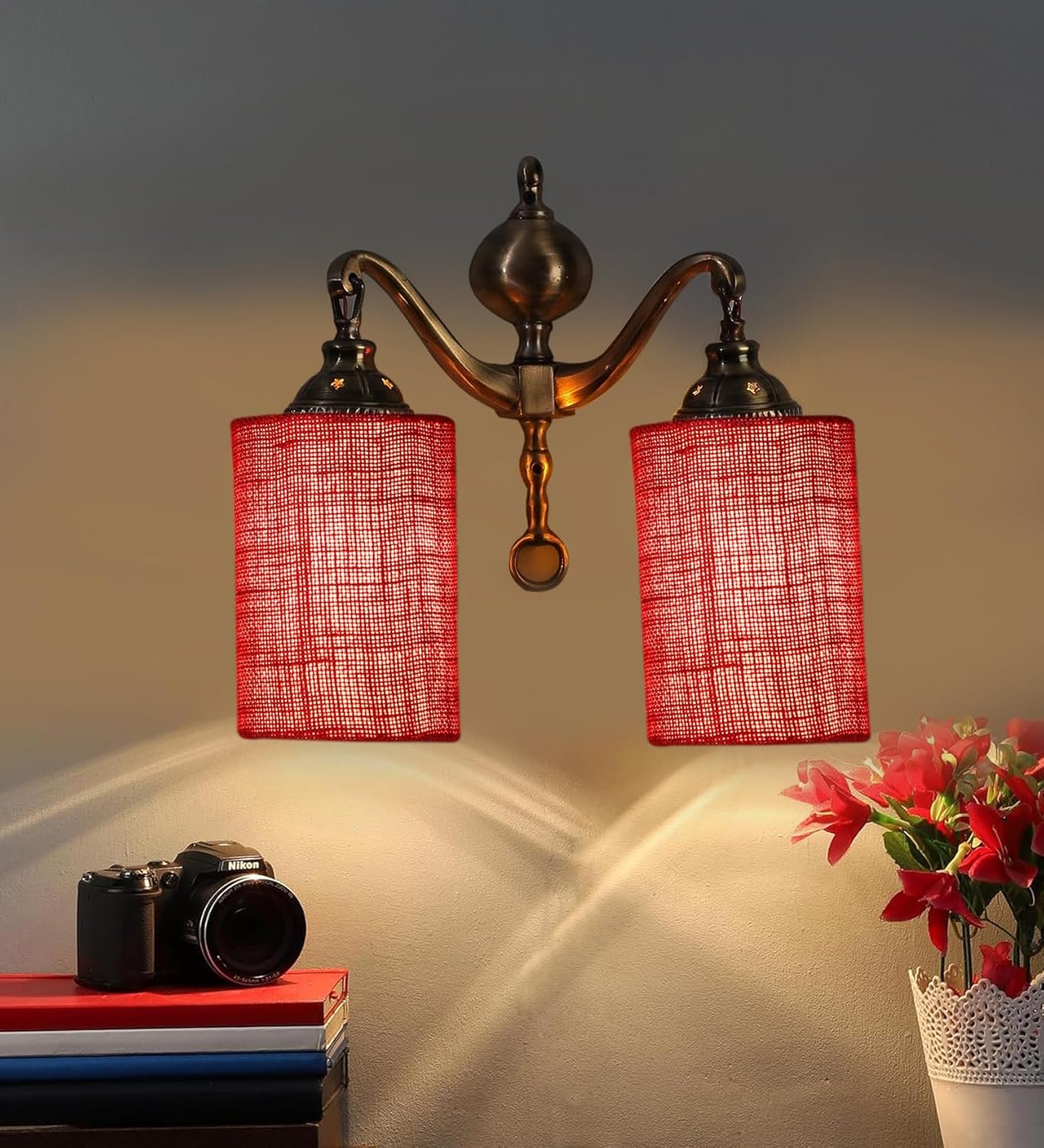 Dual Golden Antique Maroon Jute Shade Wall d�cor Wall Hanging Light Vintage Wall Lamps Decorative lamp Traditional Wall lamp