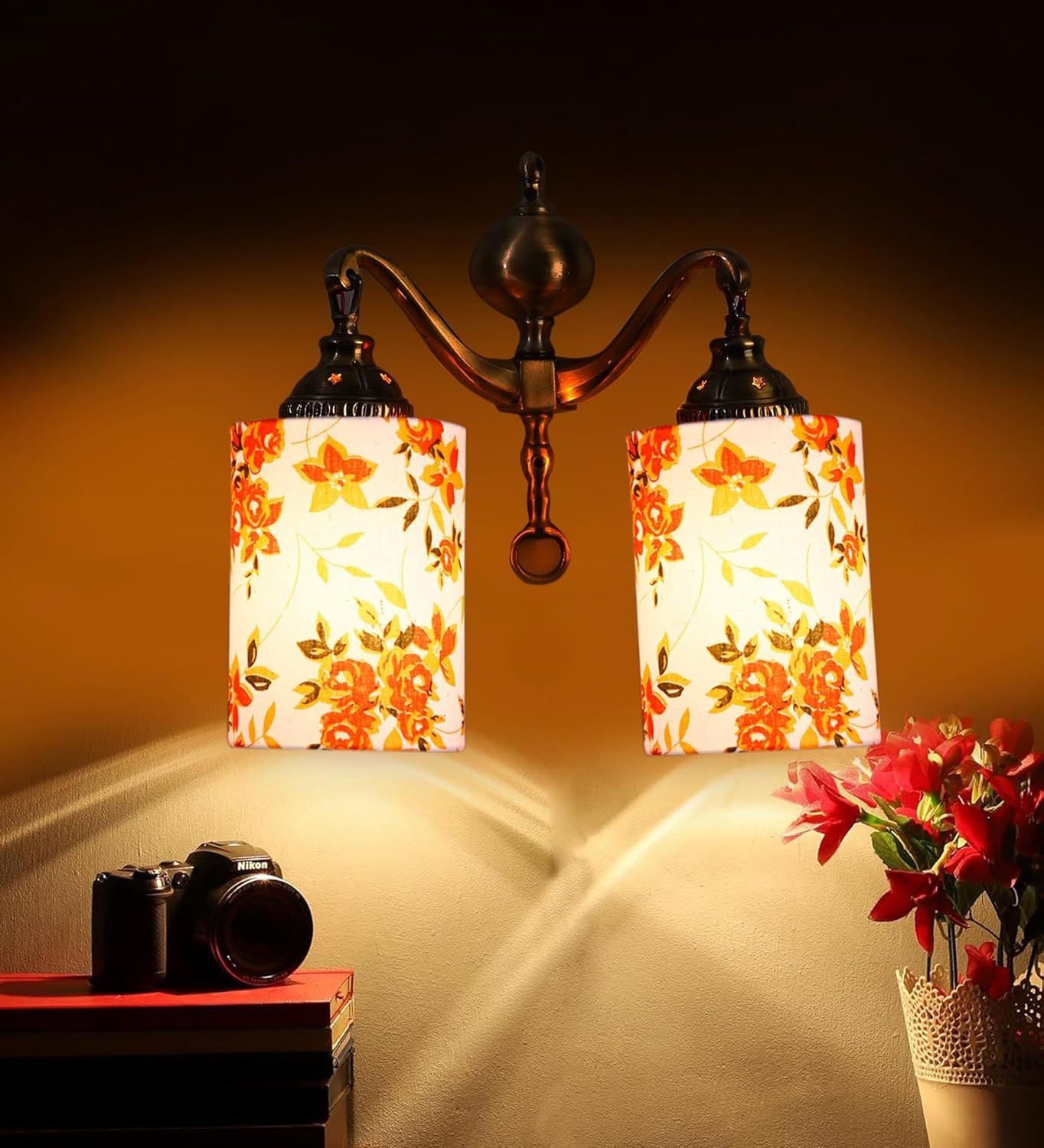 Dual Golden Antique Printed Cotton Shade Wall d�cor Wall Hanging Light Vintage Wall Lamps Decorative lamp Traditional Wall lamp-Z
