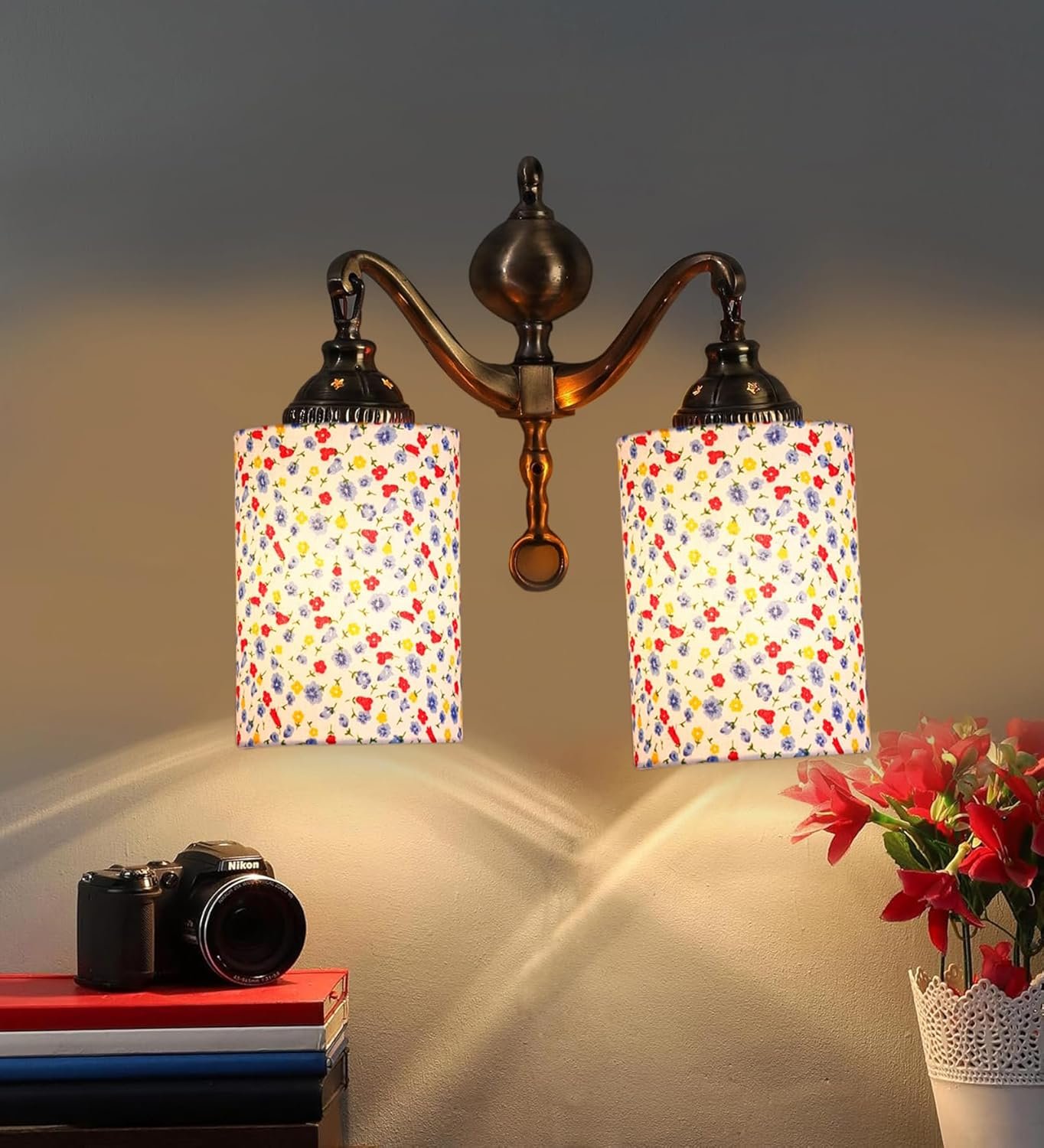 Dual Golden Antique Printed Cotton Shade Wall d�cor Wall Hanging Light Vintage Wall Lamps Decorative lamp Traditional Wall lamp-X