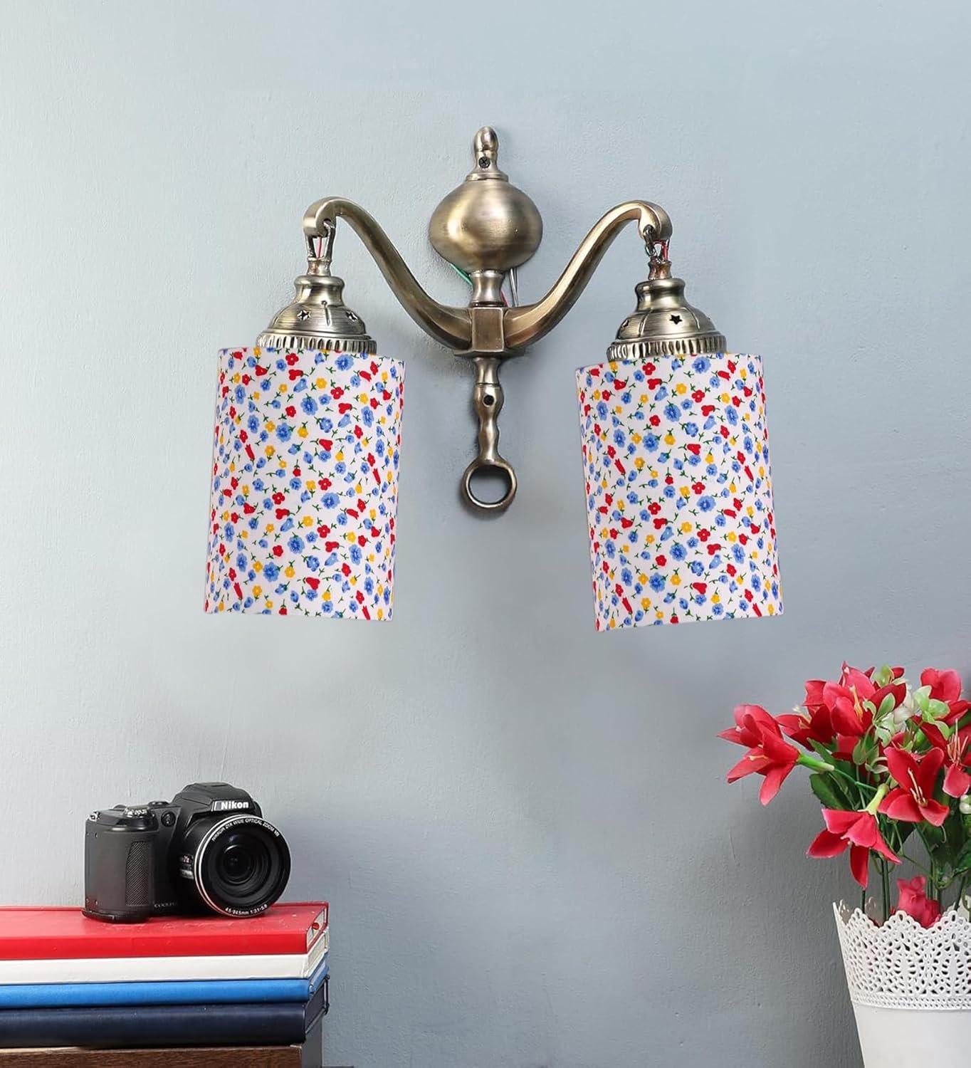 Dual Golden Antique Printed Cotton Shade Wall d�cor Wall Hanging Light Vintage Wall Lamps Decorative lamp Traditional Wall lamp-X