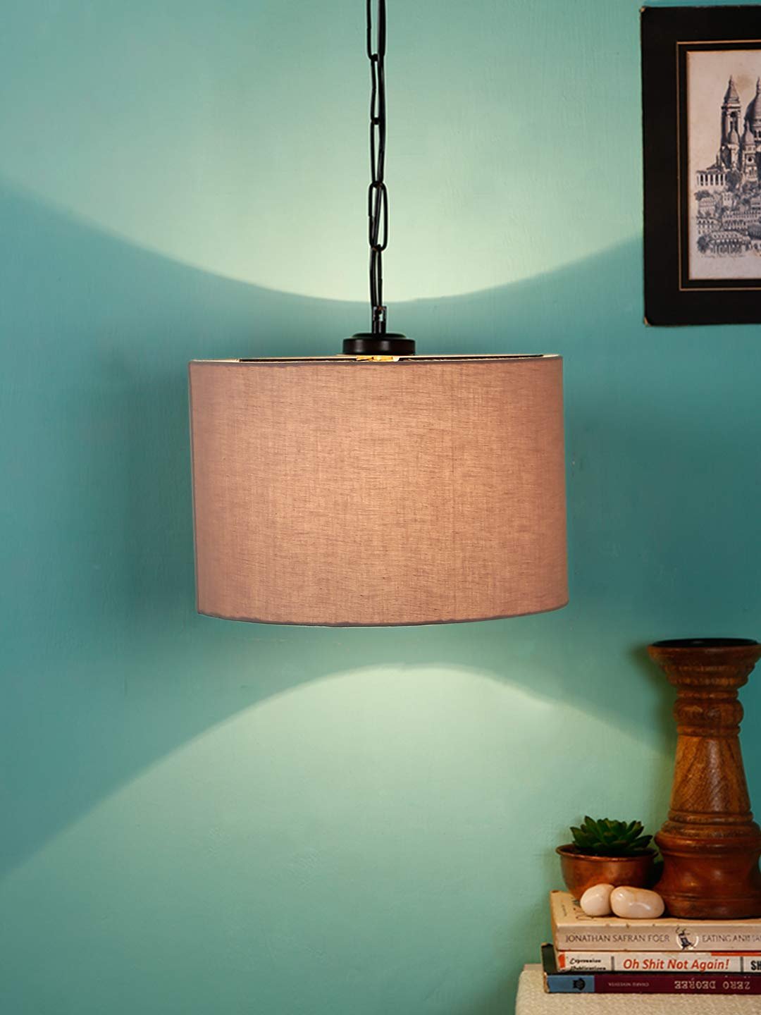 Grey Cotton Drum Hanging Lamp