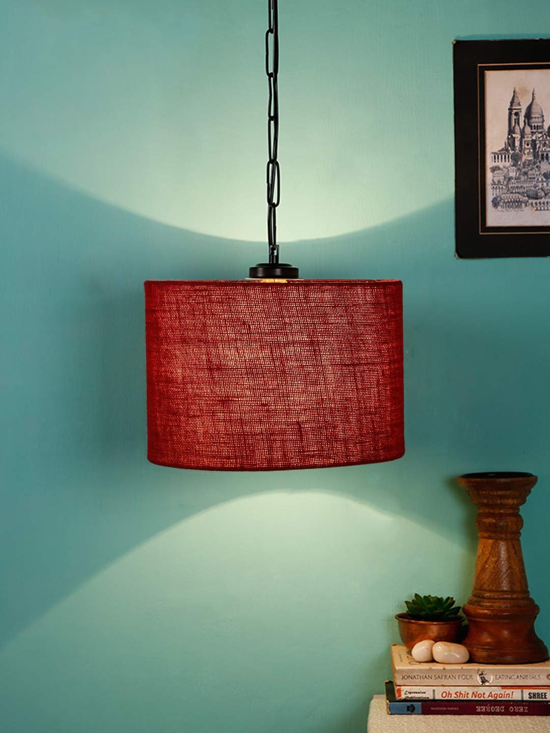 Maroon Jute Drum Hanging Lamp