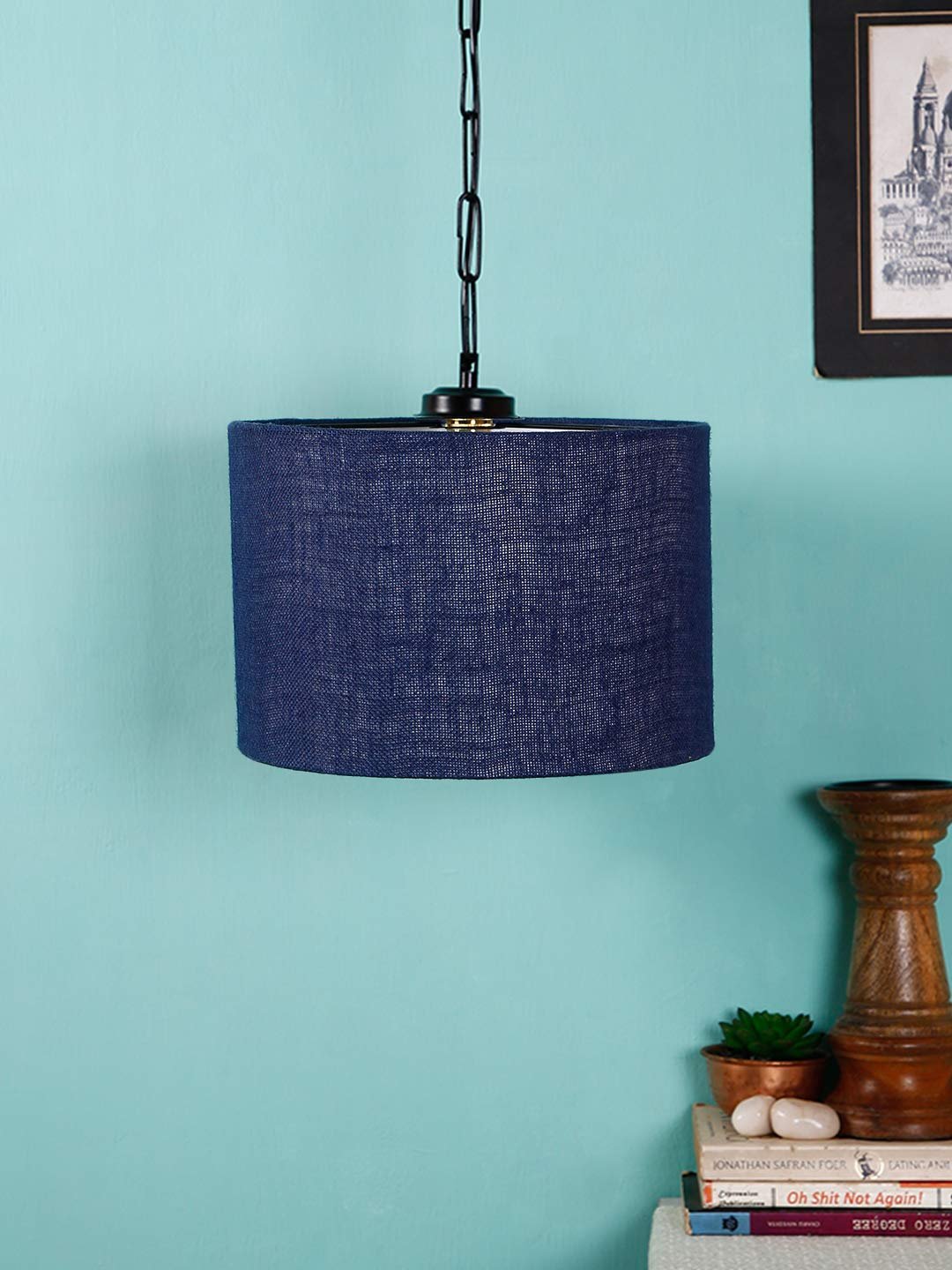 Blue Jute Drum Hanging Lamp