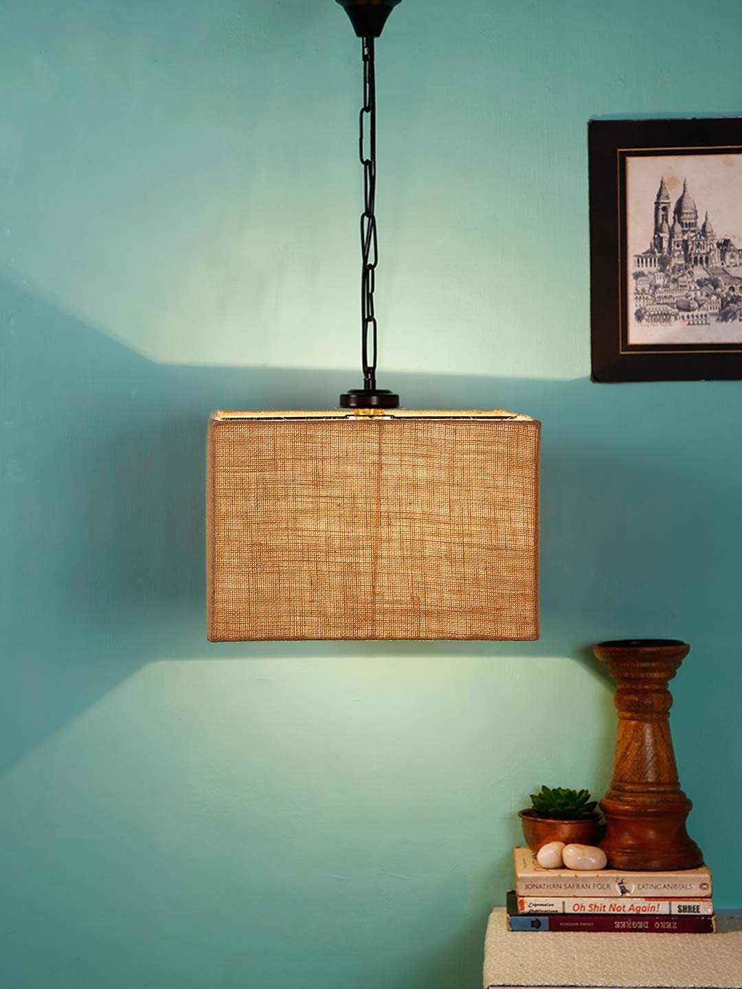 Beige Jute Square Hanging Lamp