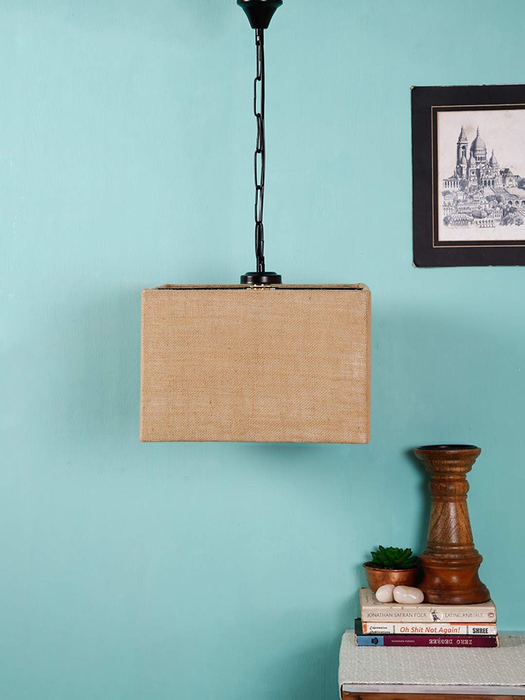 Beige Jute Square Hanging Lamp