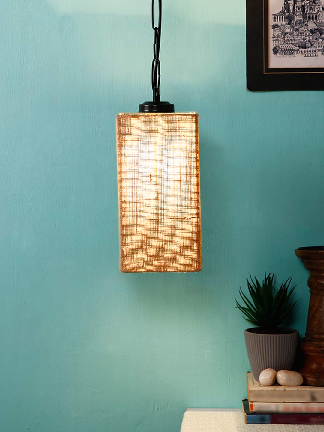 Beige Jute Square Hanging Lamp