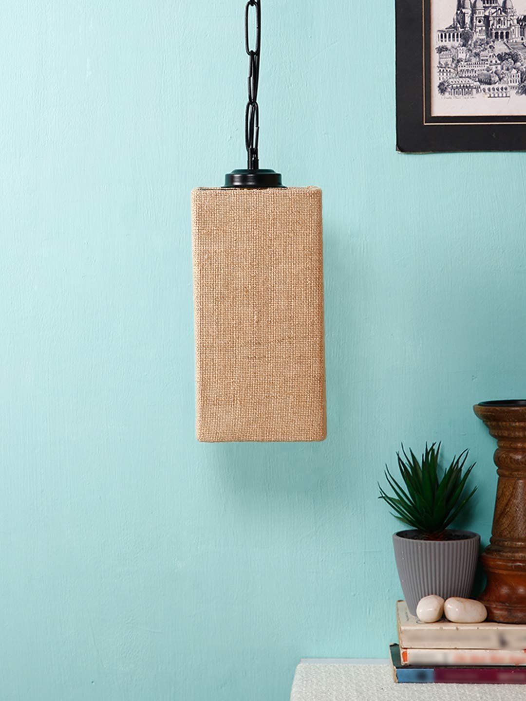 Beige Jute Square Hanging Lamp