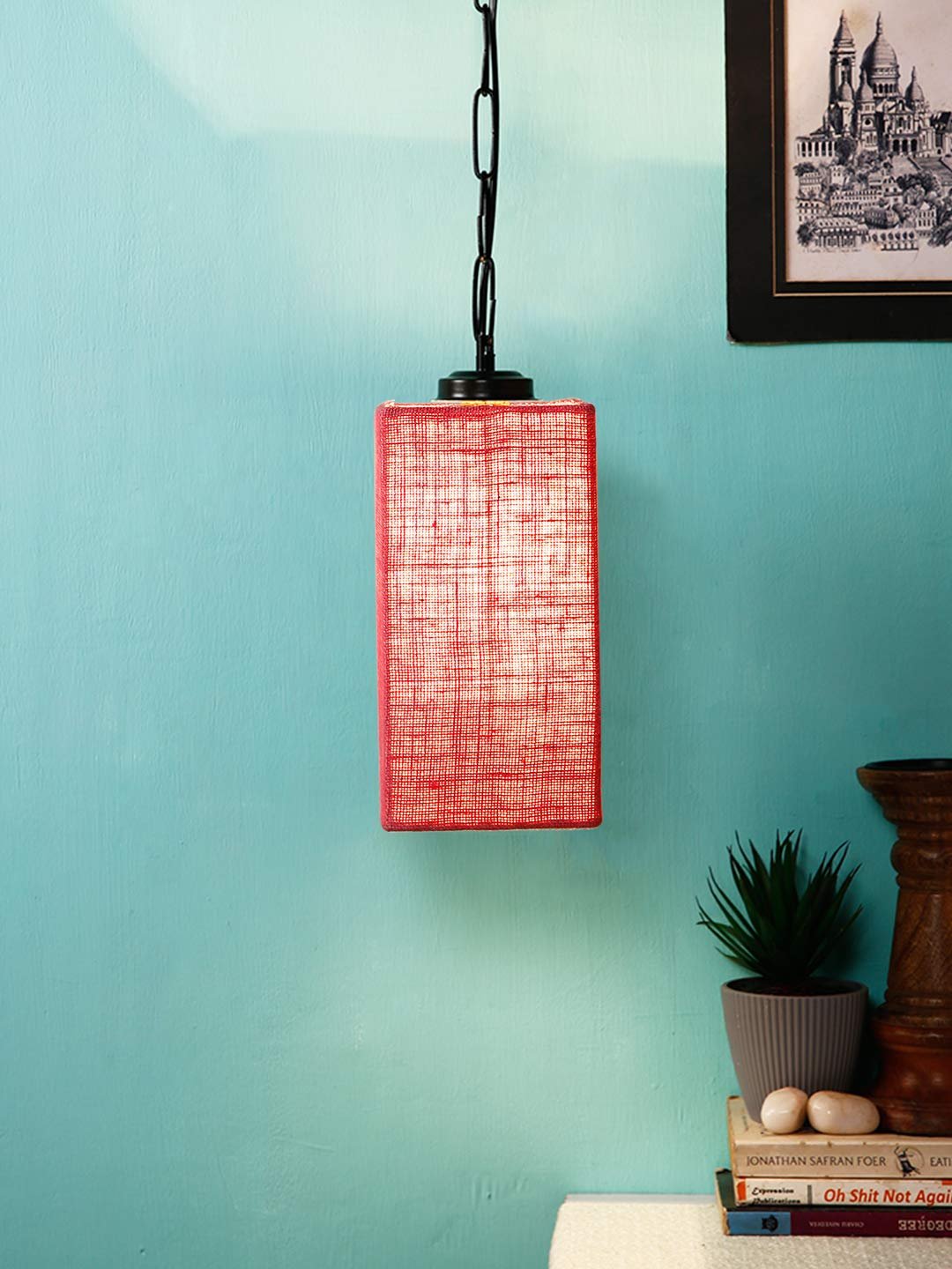 Pink Jute Square Hanging Lamp