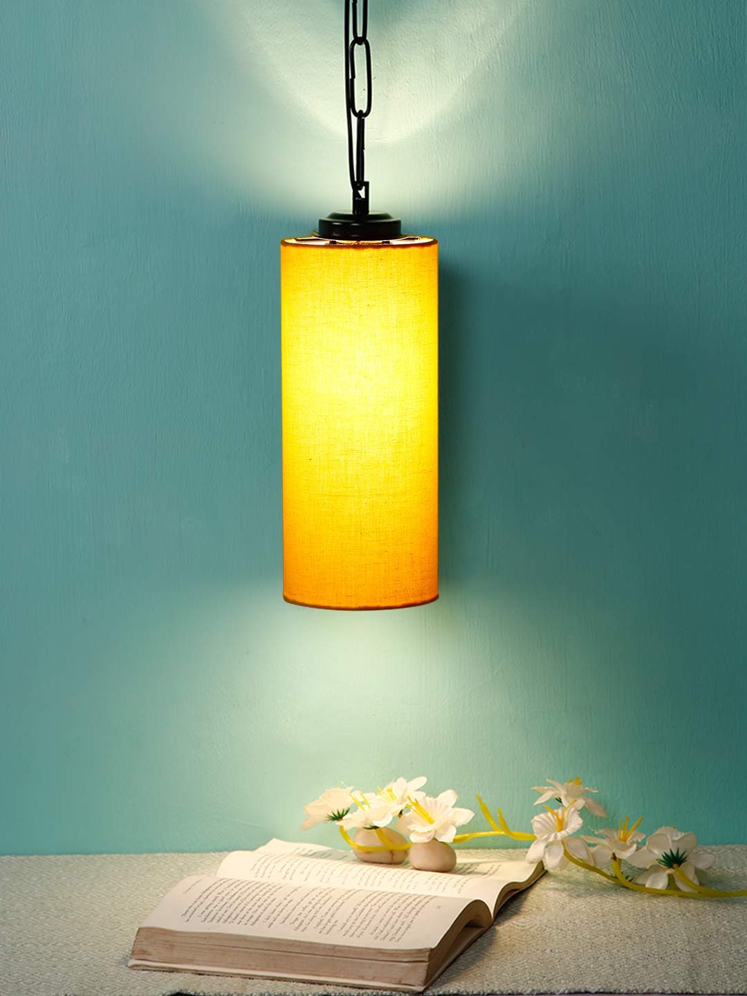 Yellow Cotton Cylindrical Hanging Lamp