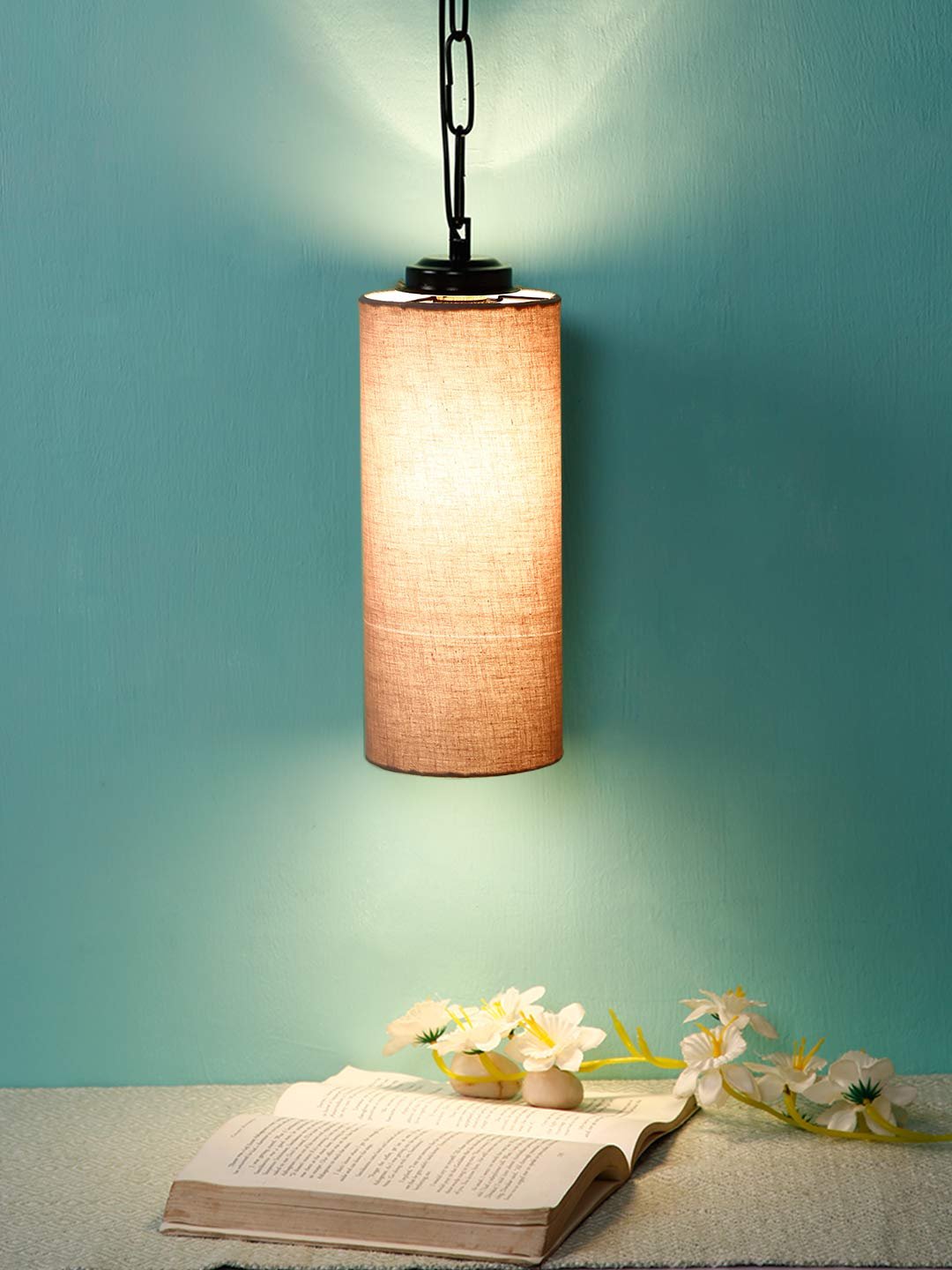 Grey Cotton Cylindrical Hanging Lamp