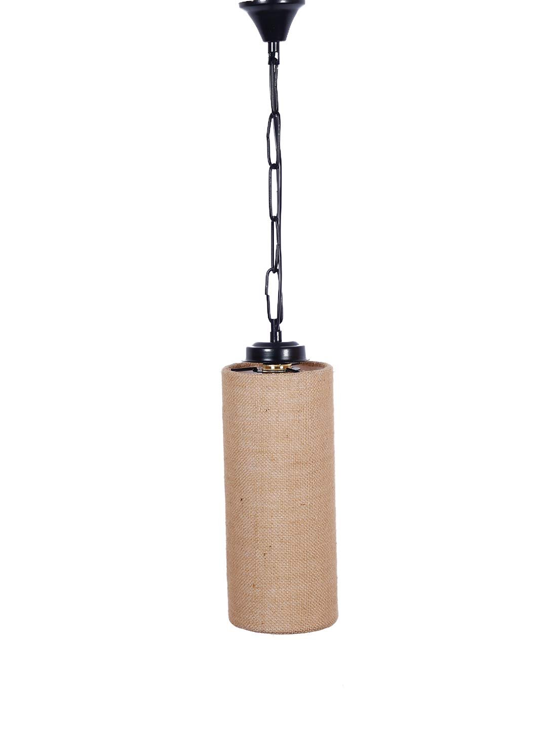 Beige Jute Cylindrical Hanging Lamp
