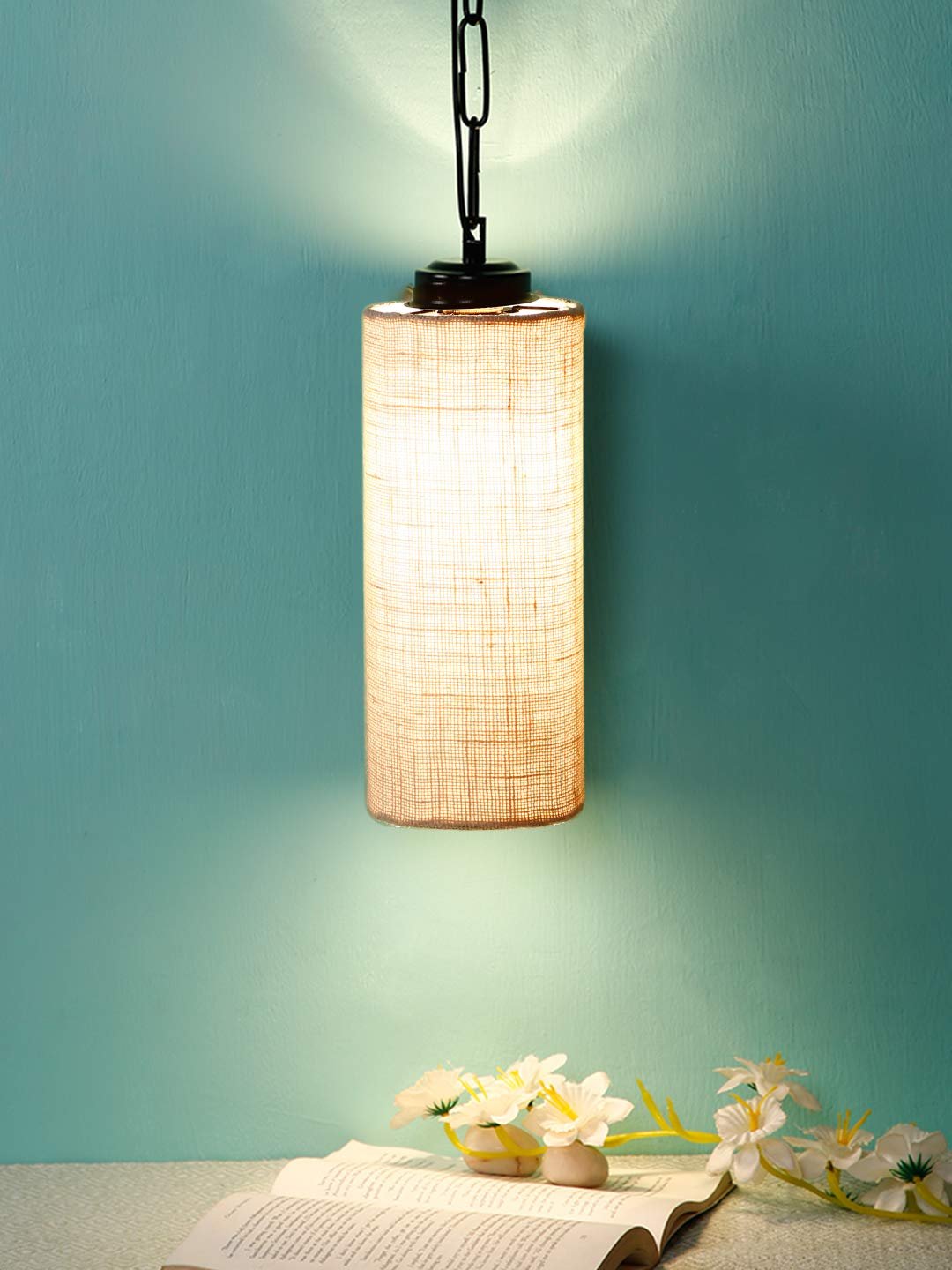 White Jute Cylindrical Hanging Lamp