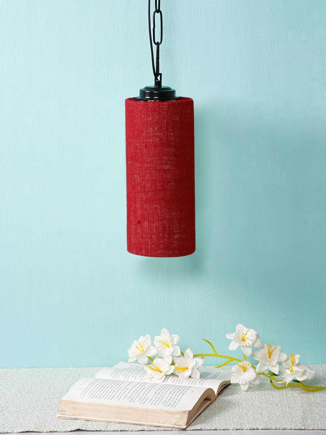 Maroon Jute Cylindrical Hanging Lamp