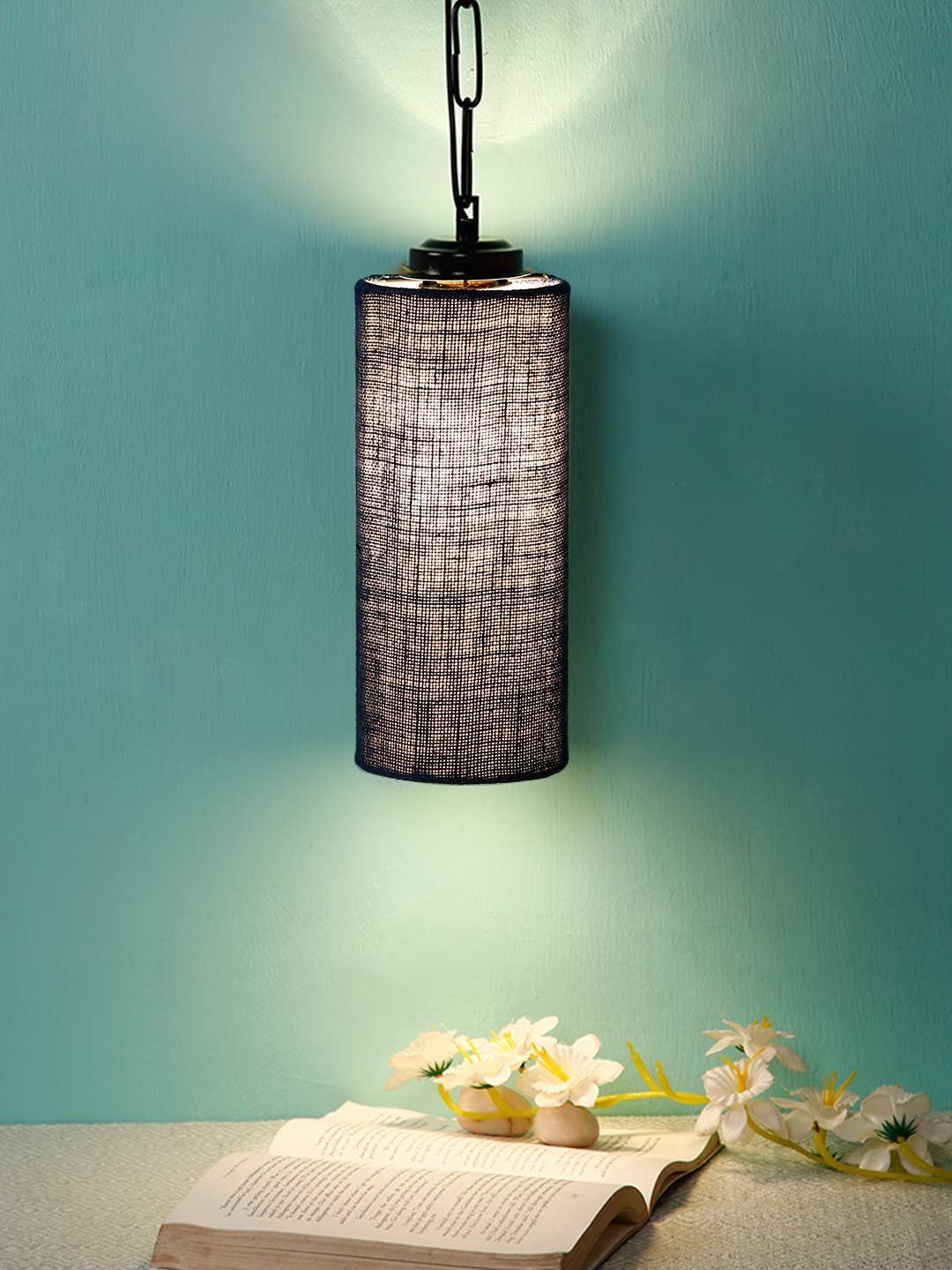 Blue Jute Cylindrical Hanging Lamp