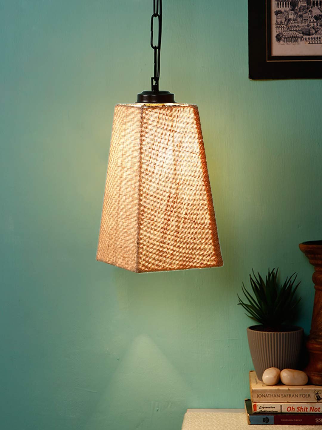 Beige Jute Pyramid Hanging Lamp