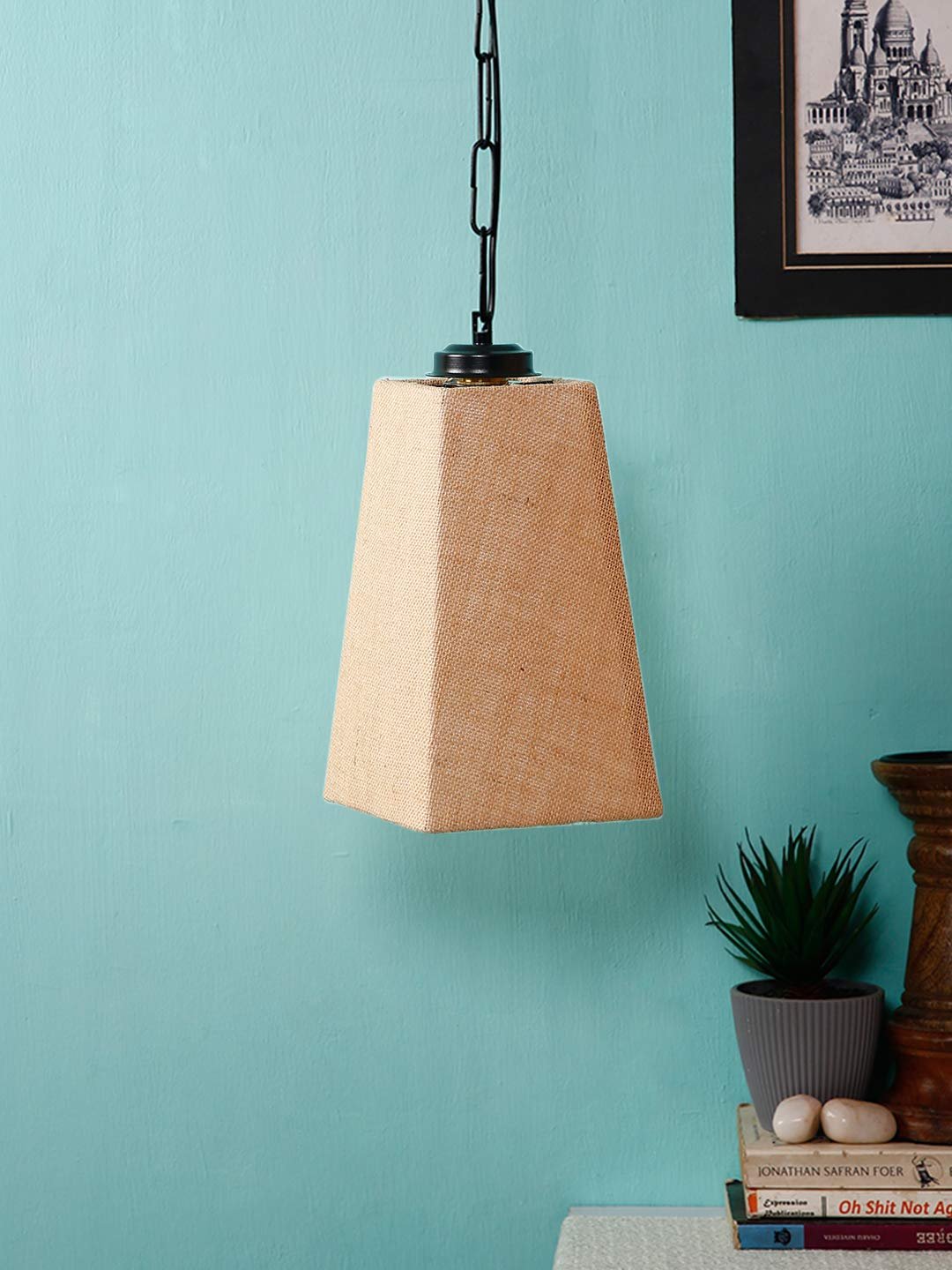 Beige Jute Pyramid Hanging Lamp