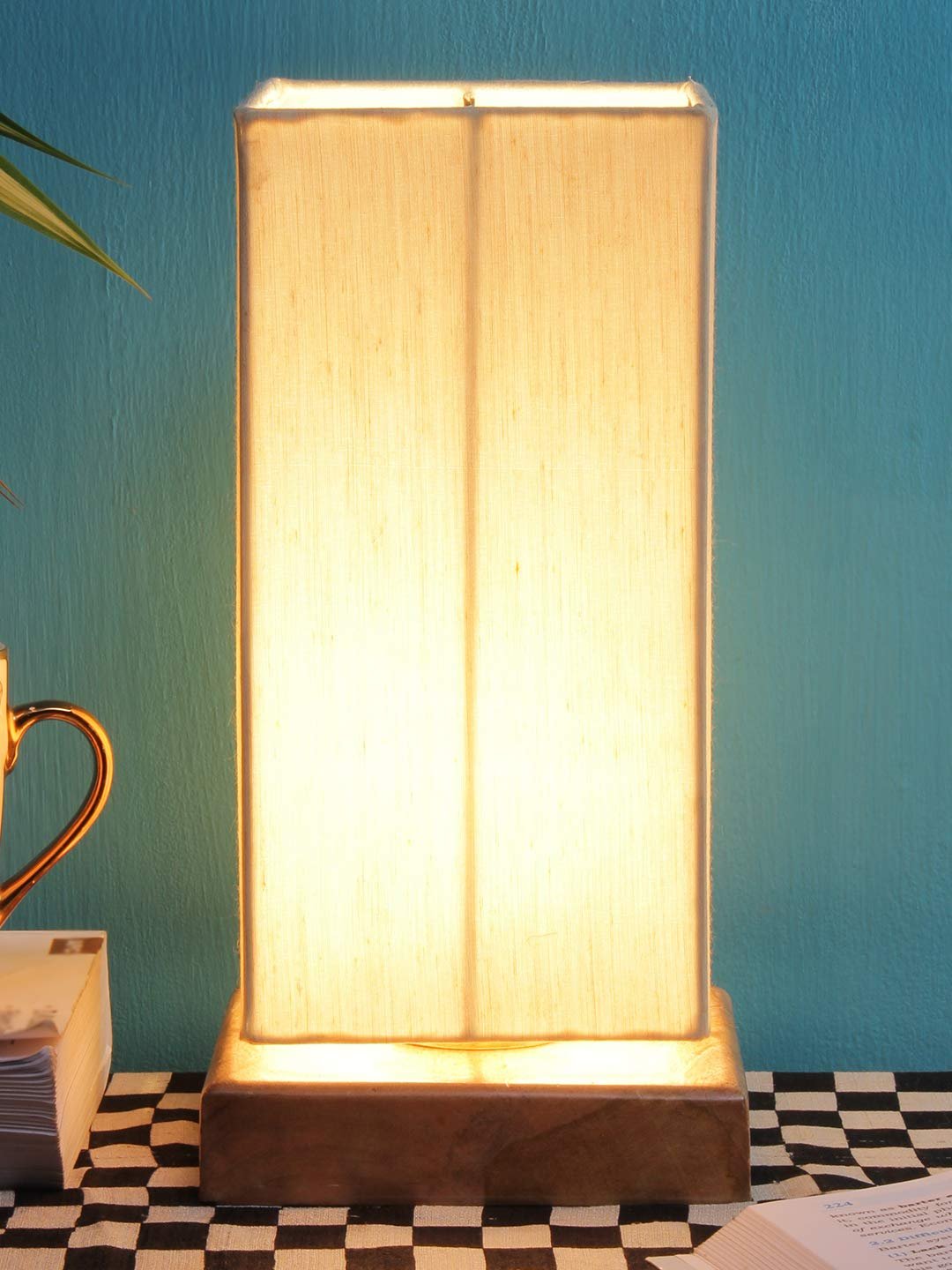 Off-White Cotton Shade with Square Wood Base