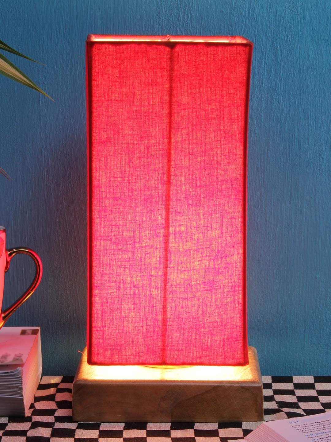 Red Cotton Shade with Square Wood Base