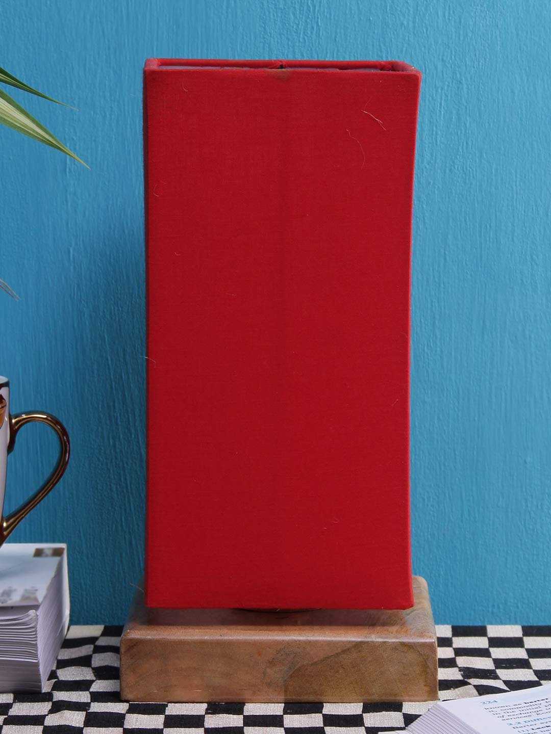 Red Cotton Shade with Square Wood Base