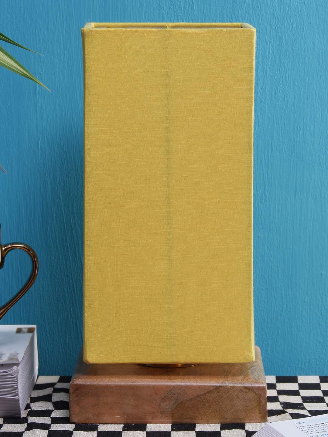 Yellow Cotton Shade with Square Wood Base