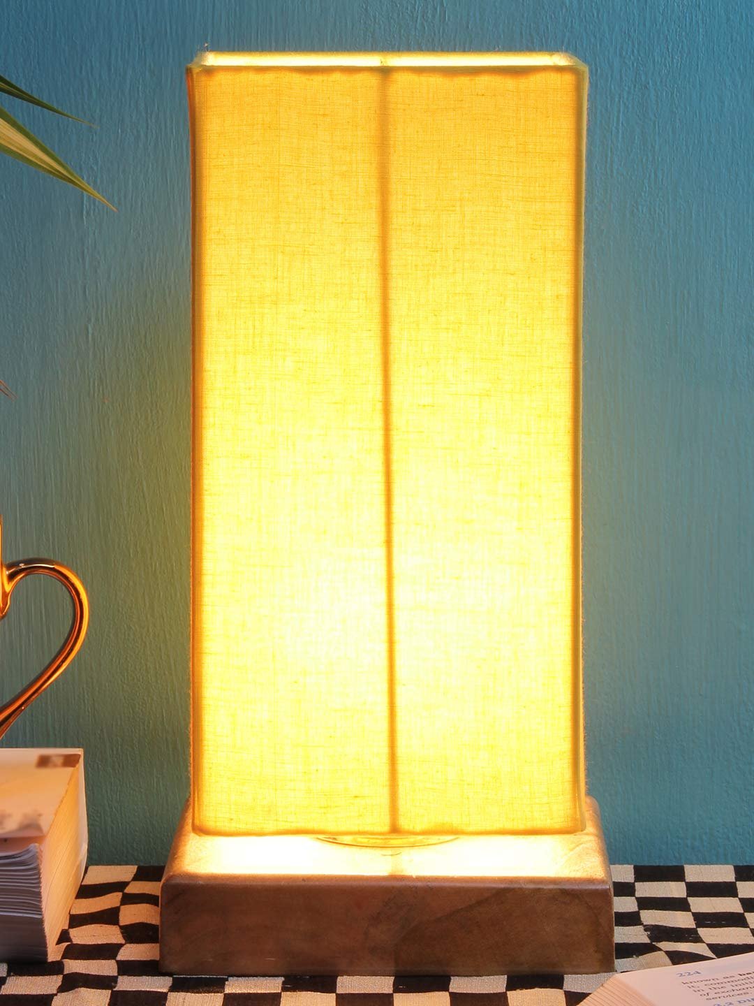 Yellow Cotton Shade with Square Wood Base