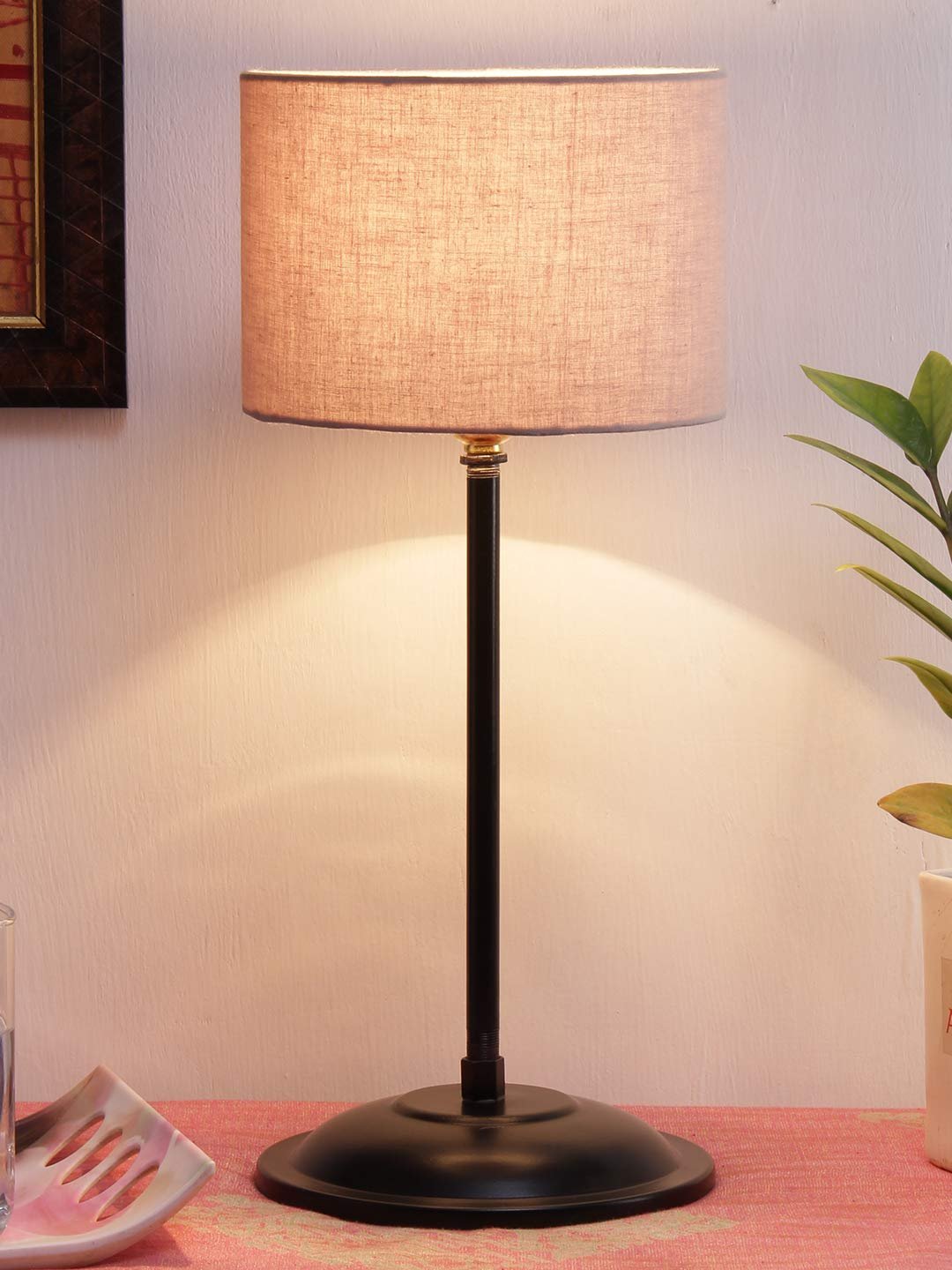 Grey Cotton Shade lamp with Black Base