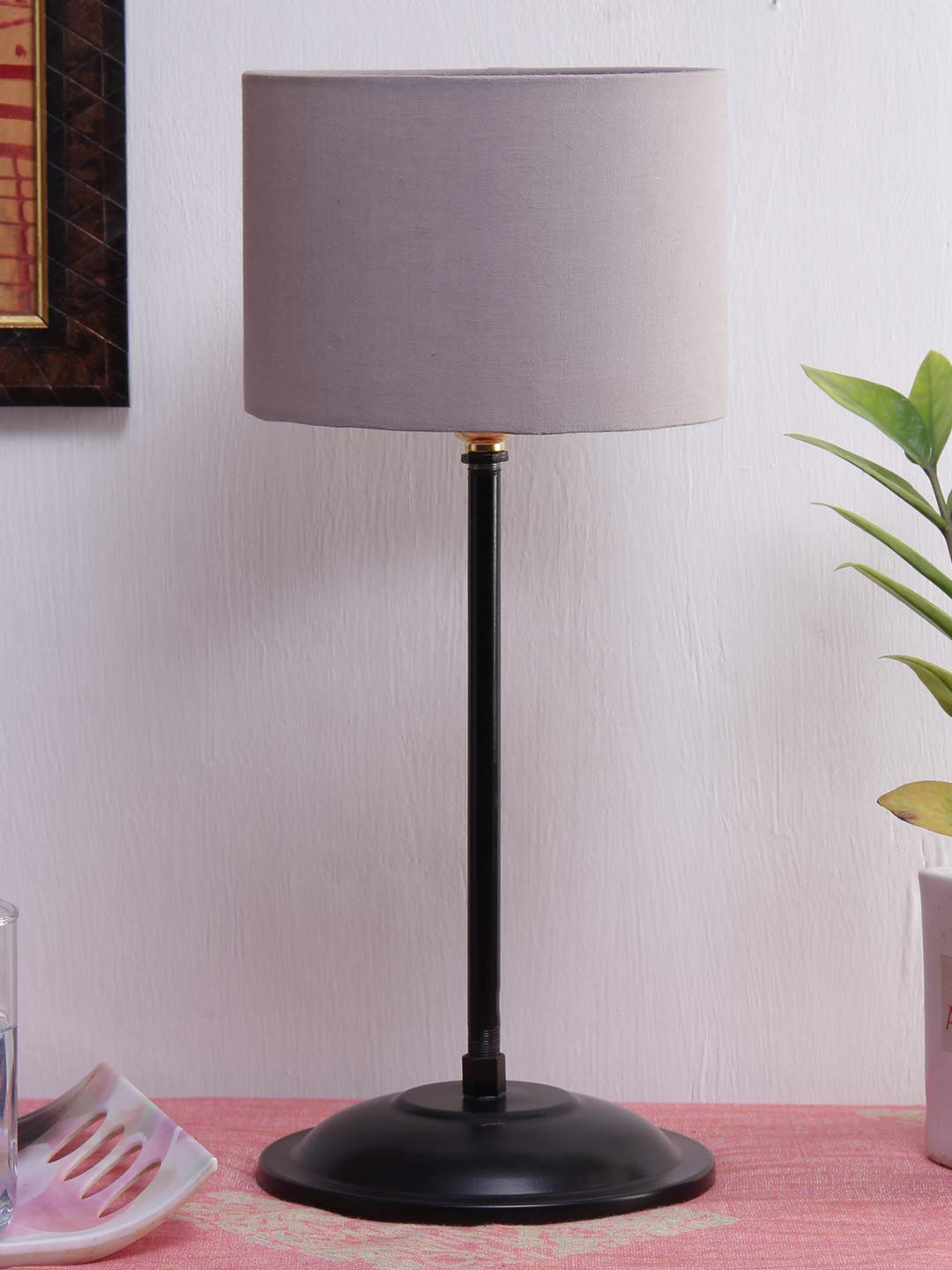 Grey Cotton Shade lamp with Black Base