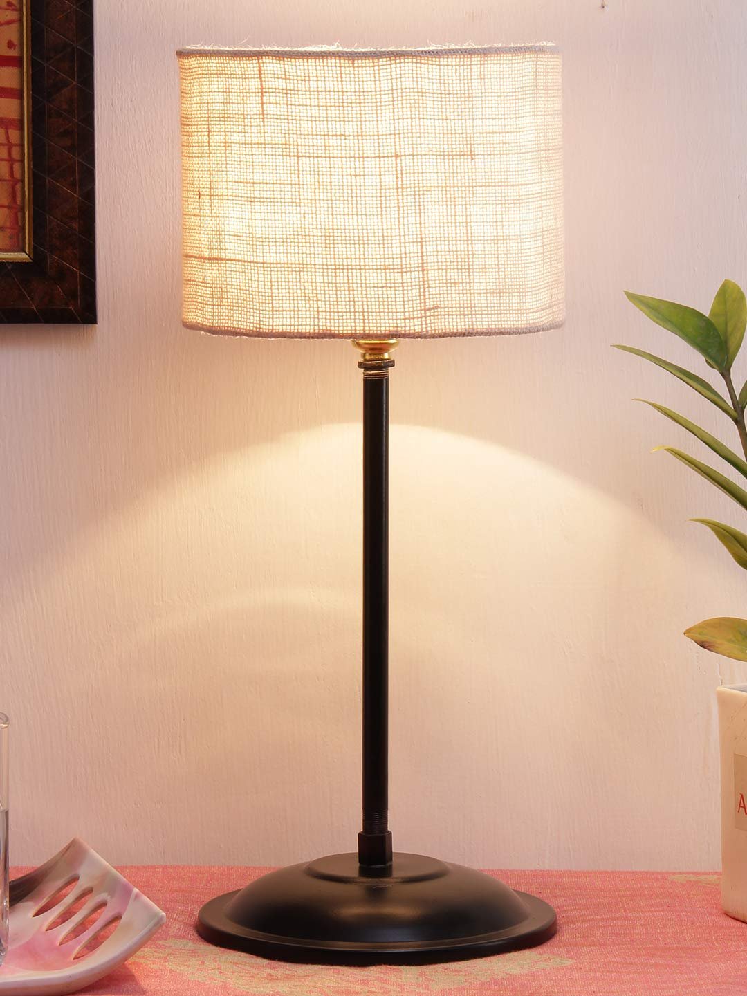 White Jute Shade lamp with Black Base