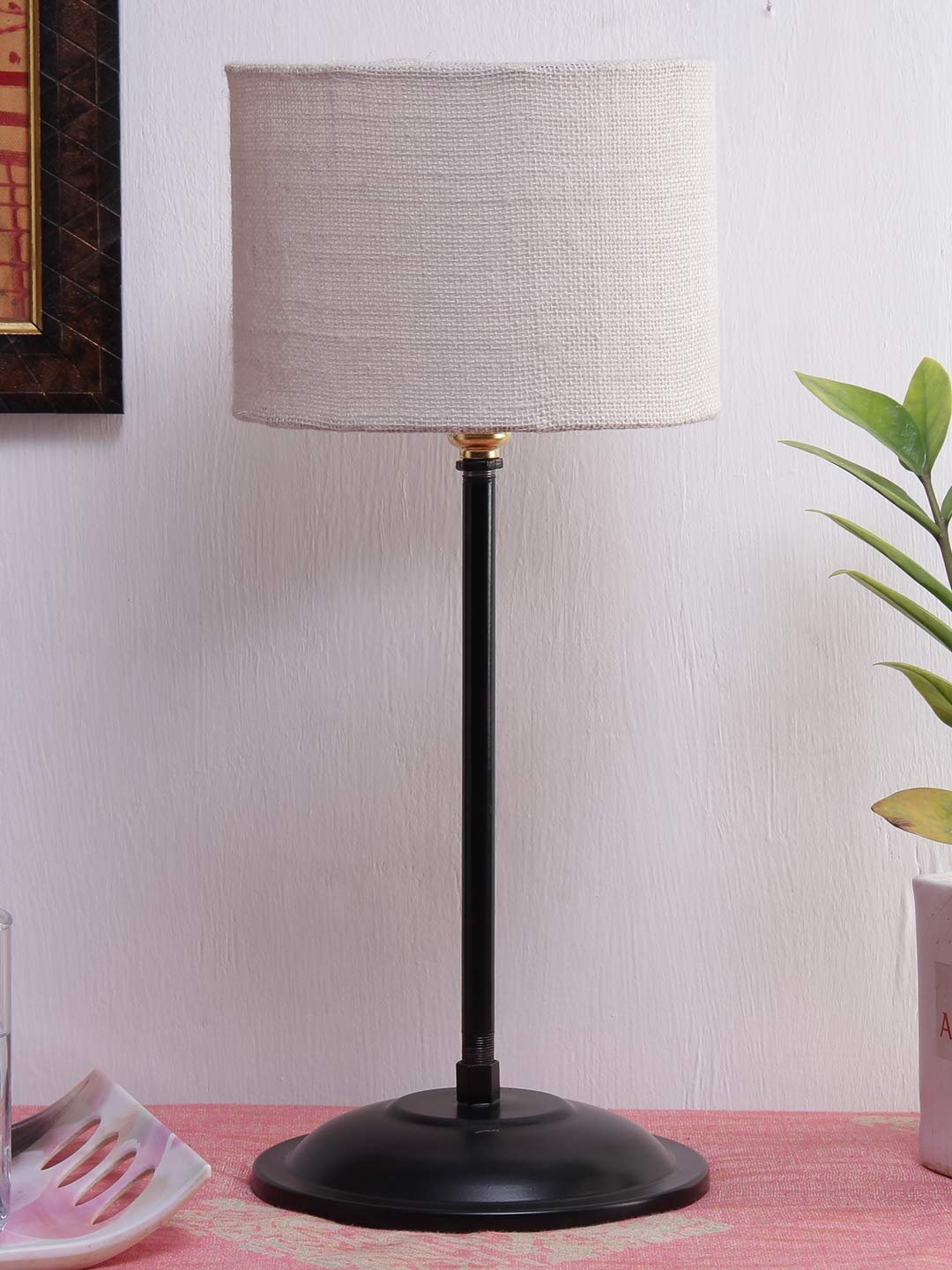 White Jute Shade lamp with Black Base