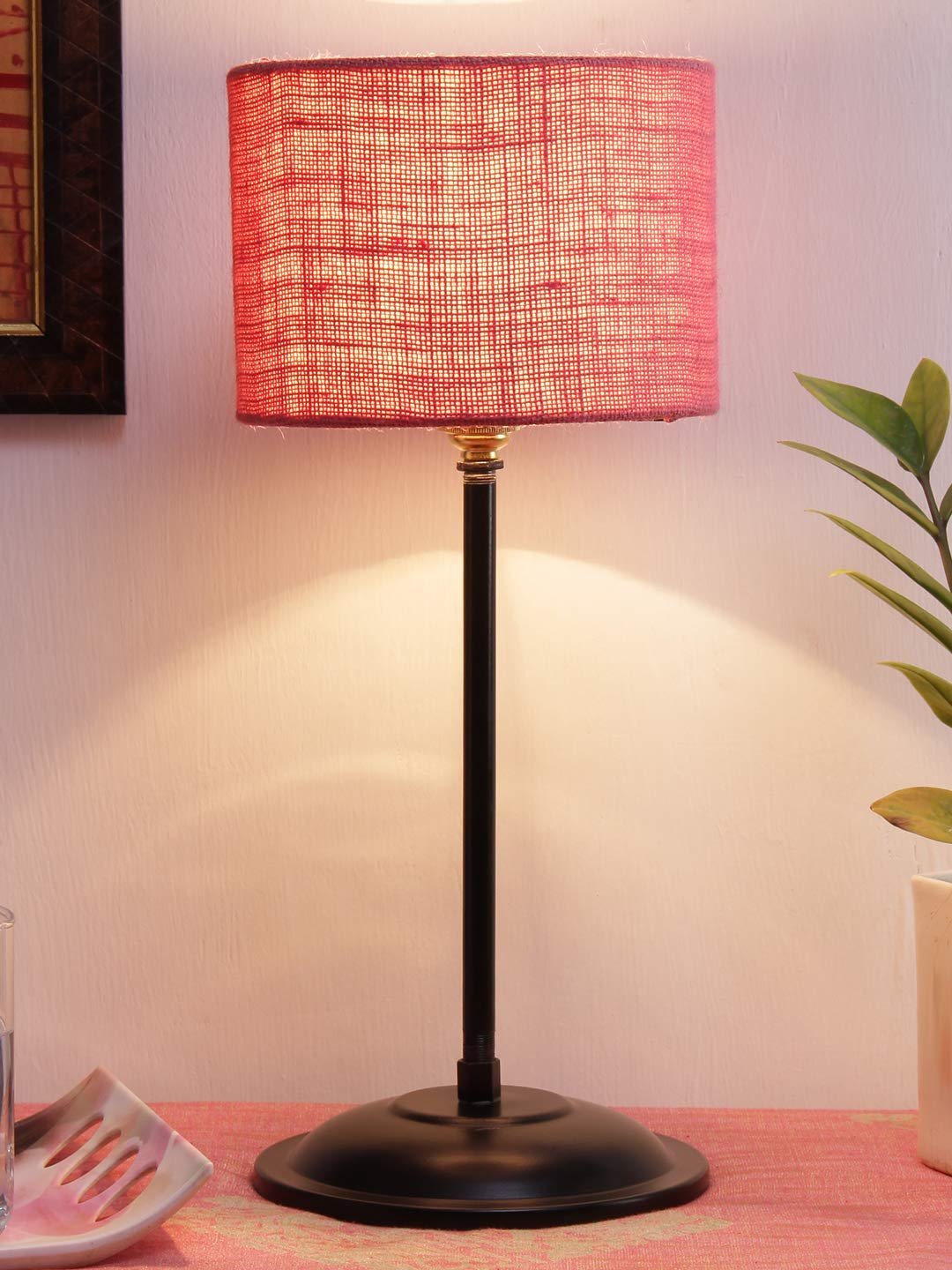 Pink Jute Shade lamp with Black Base