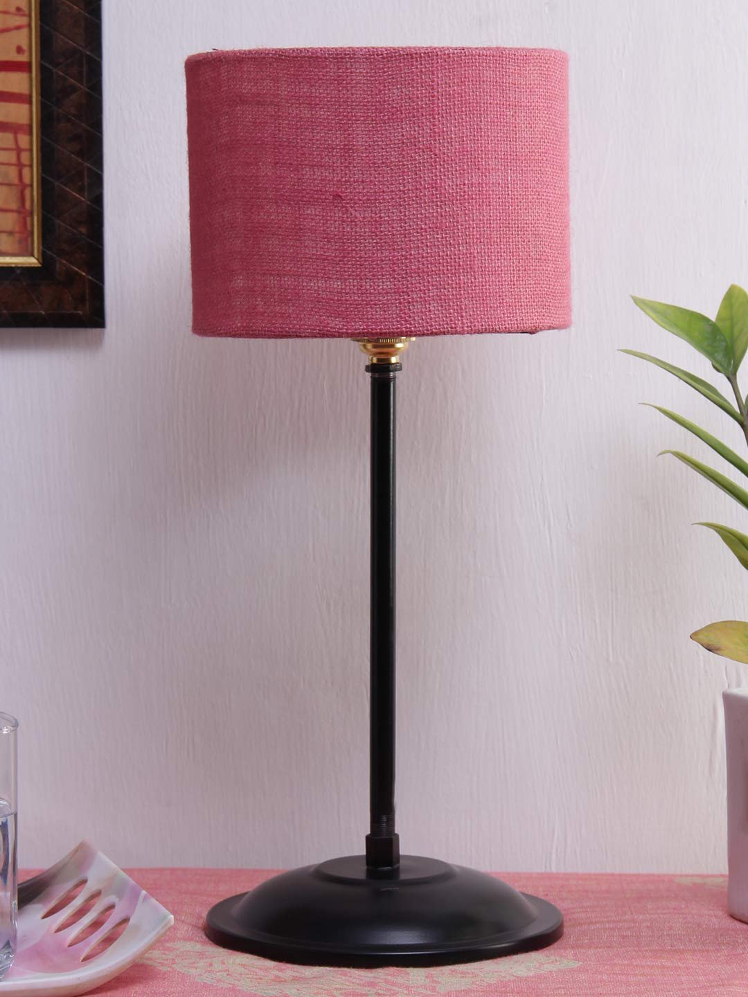 Pink Jute Shade lamp with Black Base