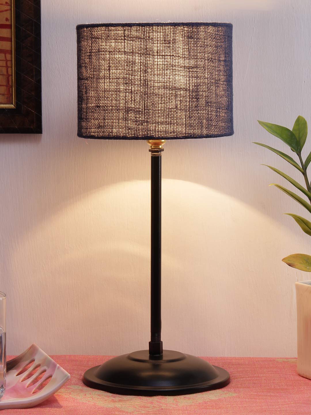 Blue Jute Shade lamp with Black Base