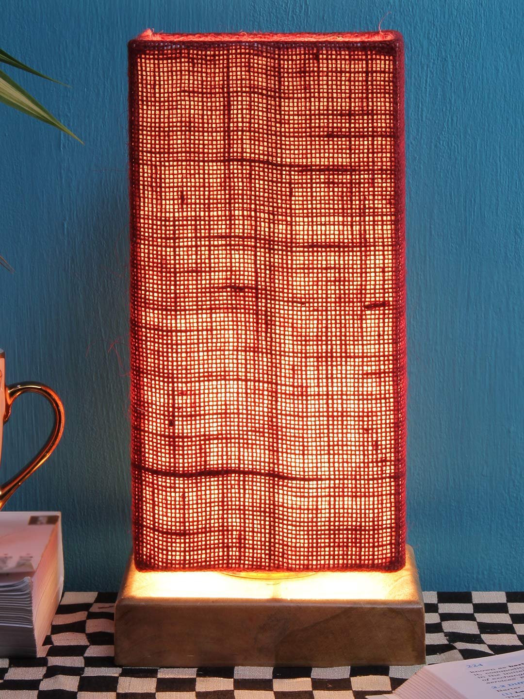 Maroon Jute Shade with Square Wood Base