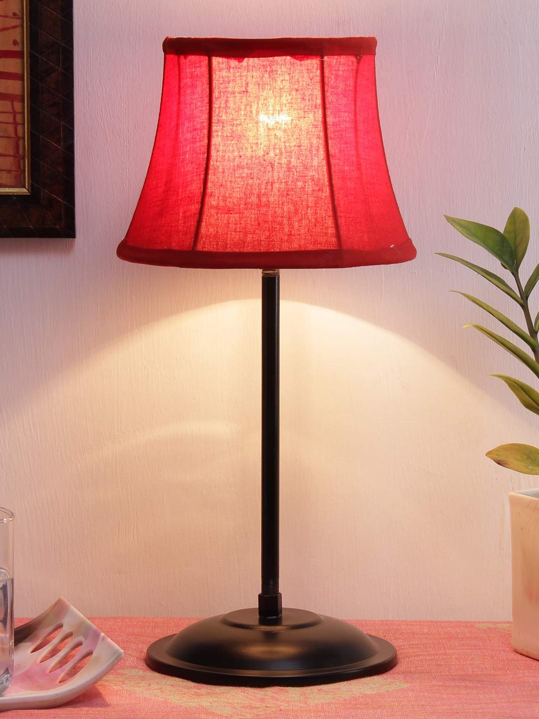 Red Cotton Shade lamp with Black Base