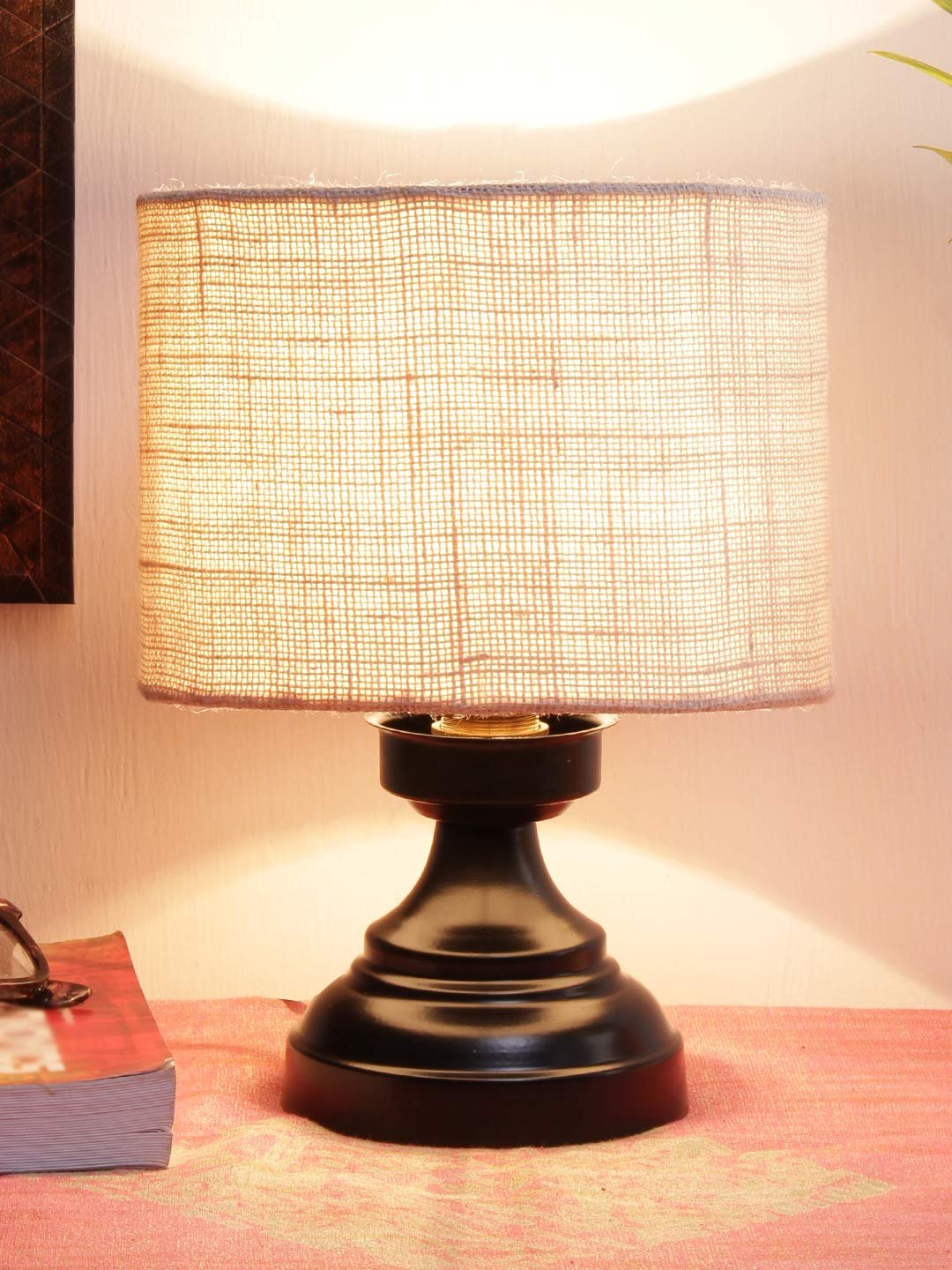 White Jute Shade lamp with Black Base