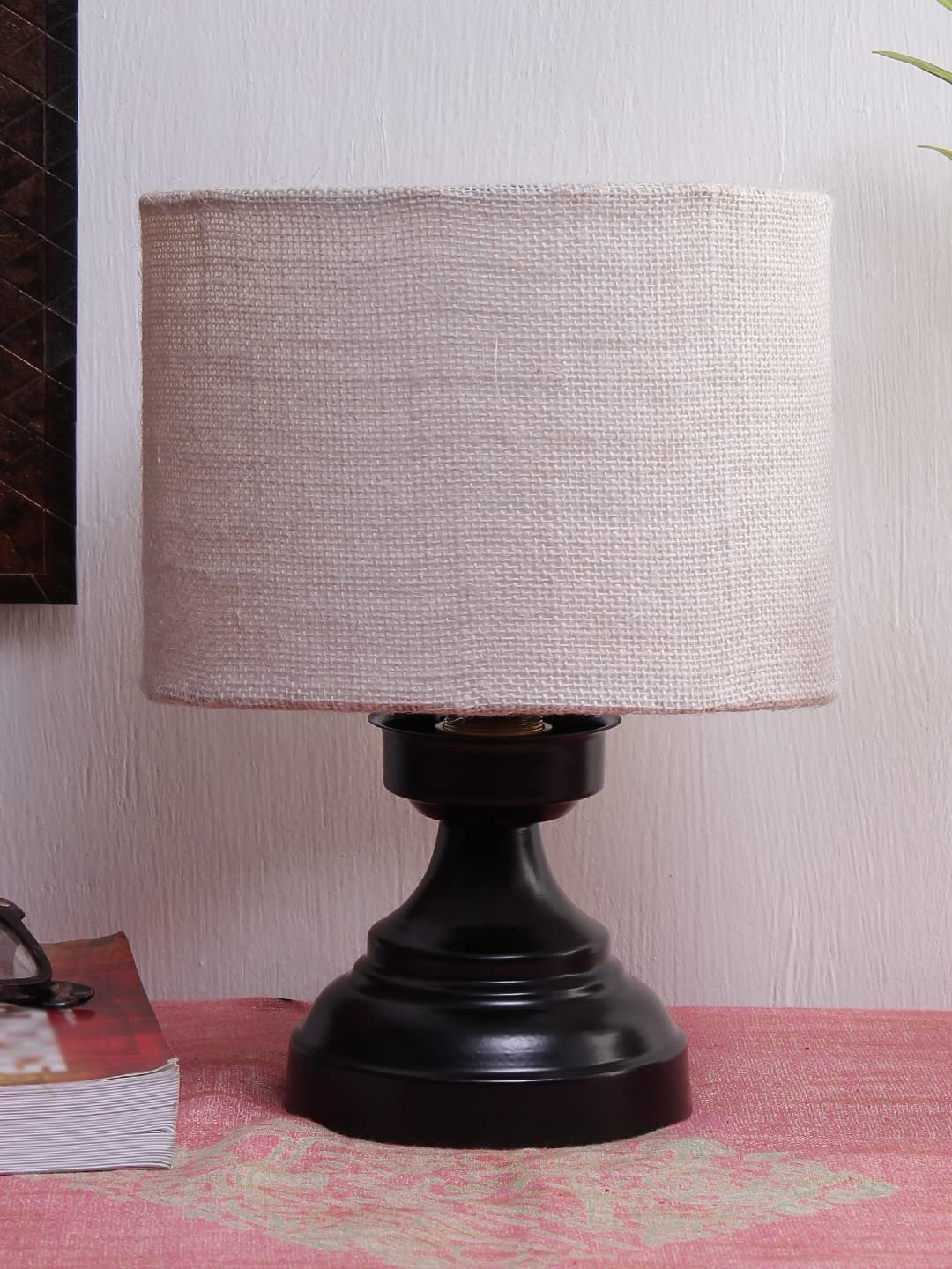 White Jute Shade lamp with Black Base
