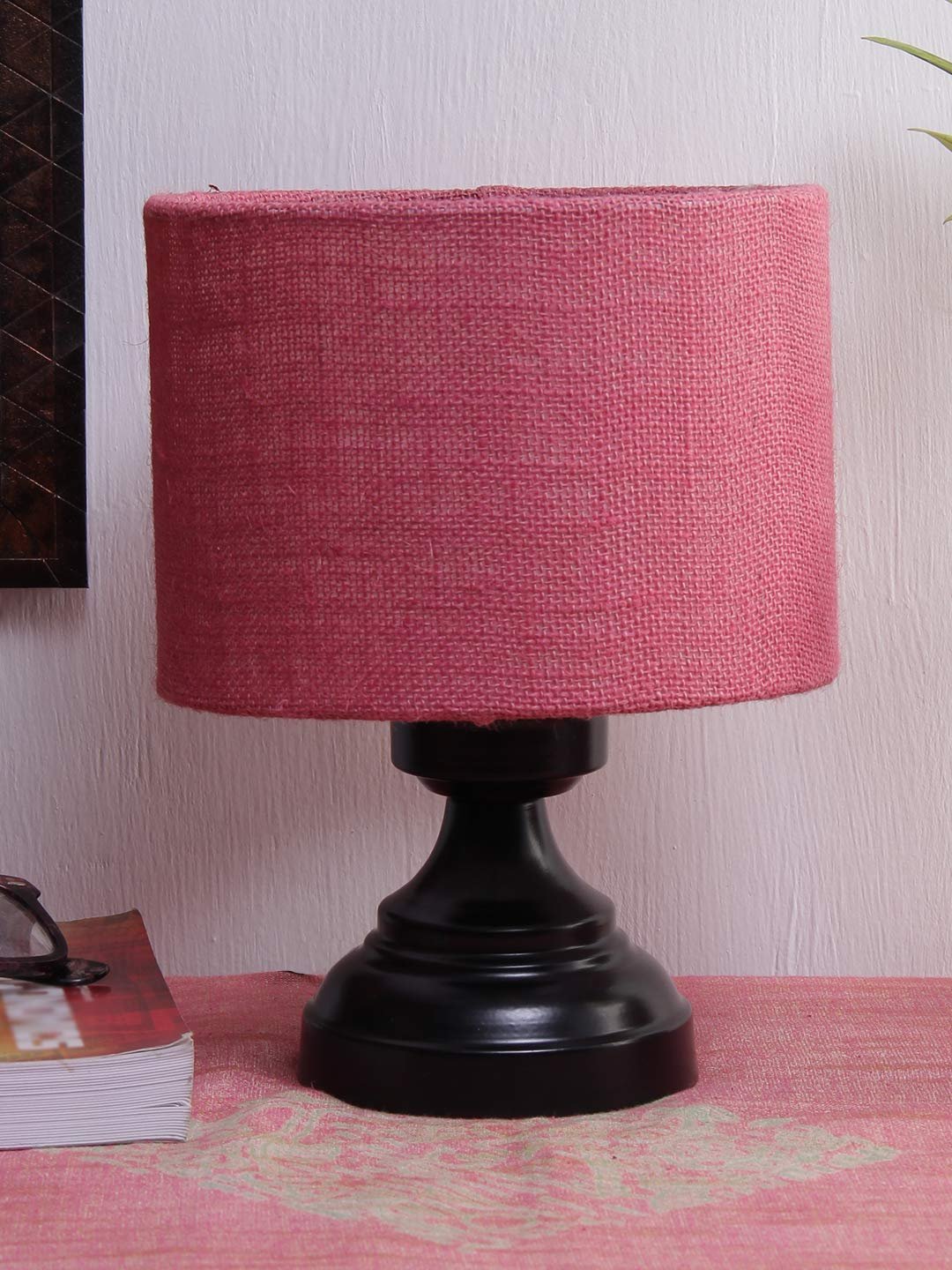 Pink Jute Shade lamp with Black Base
