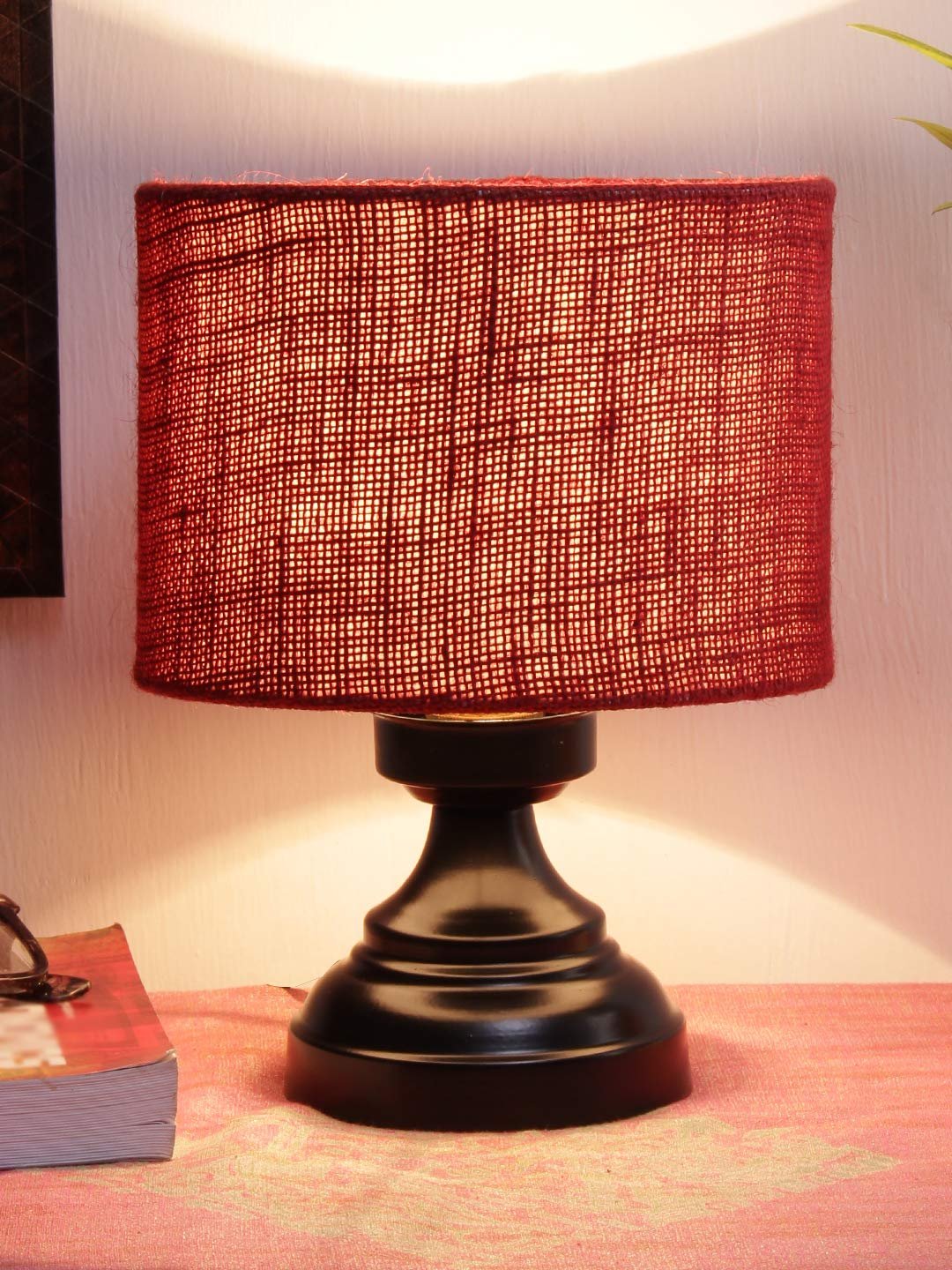 Maroon Jute Shade lamp with Black Base