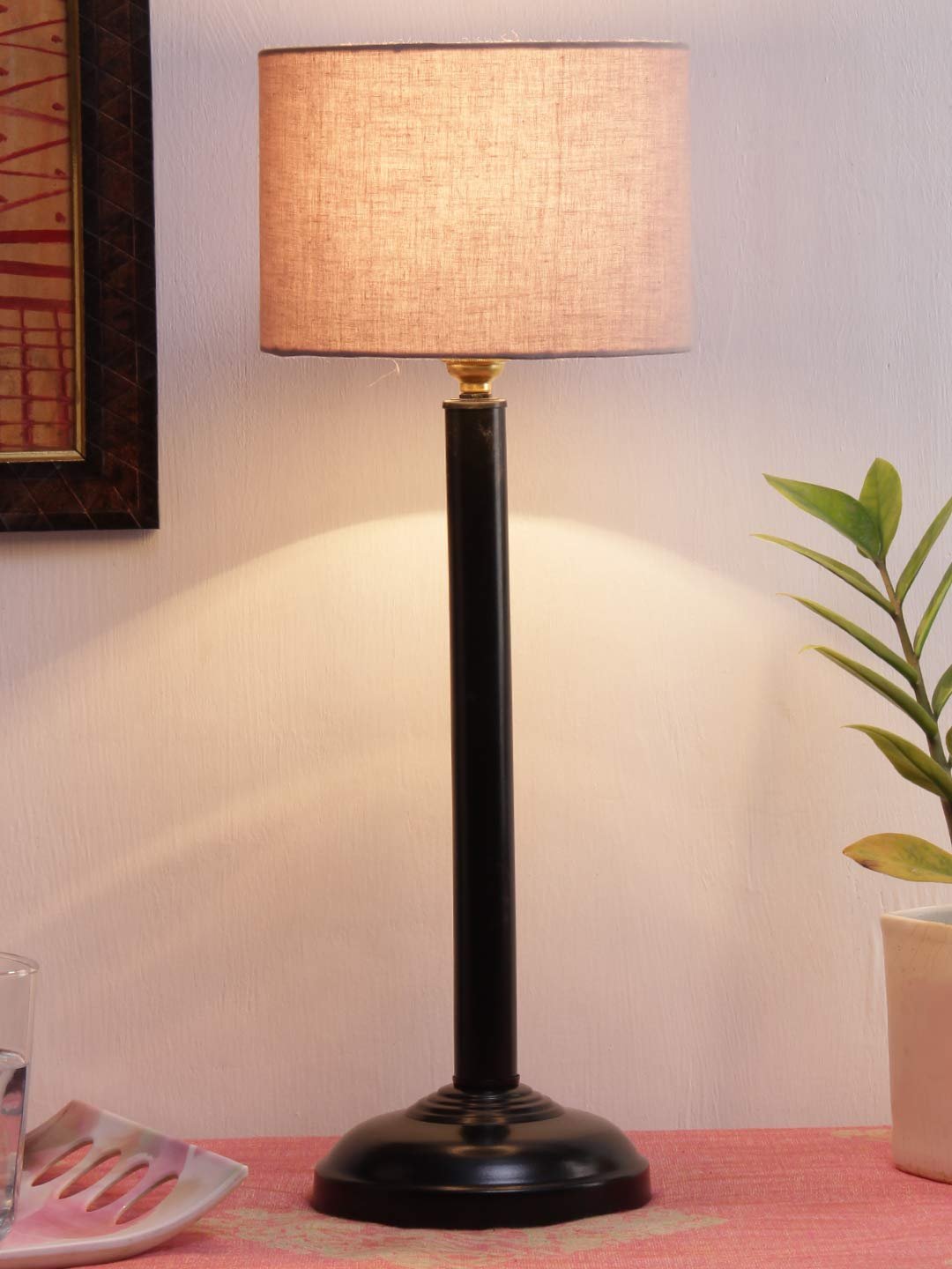 Grey Cotton Shade lamp with Black Base