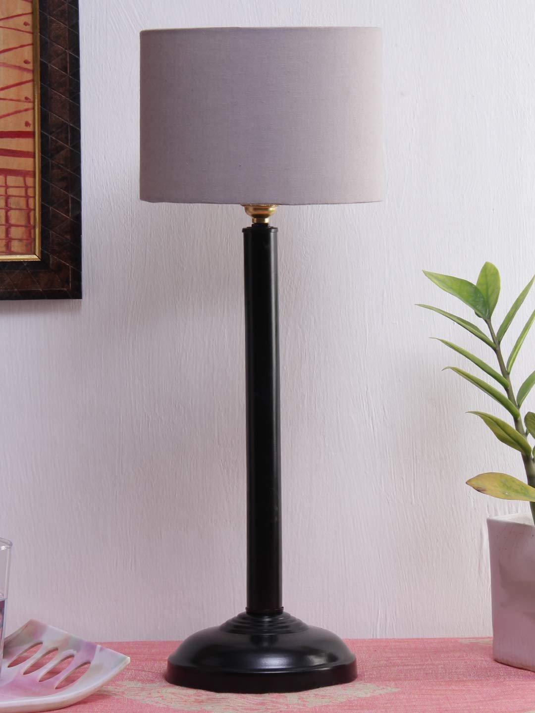 Grey Cotton Shade lamp with Black Base